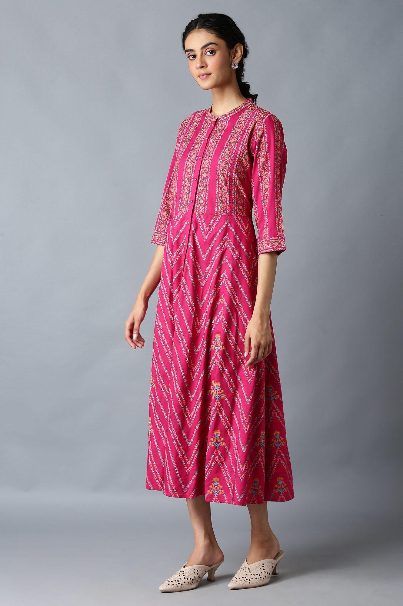 Dark Pink Shirt Dress In Mandarin Collar - wforwoman