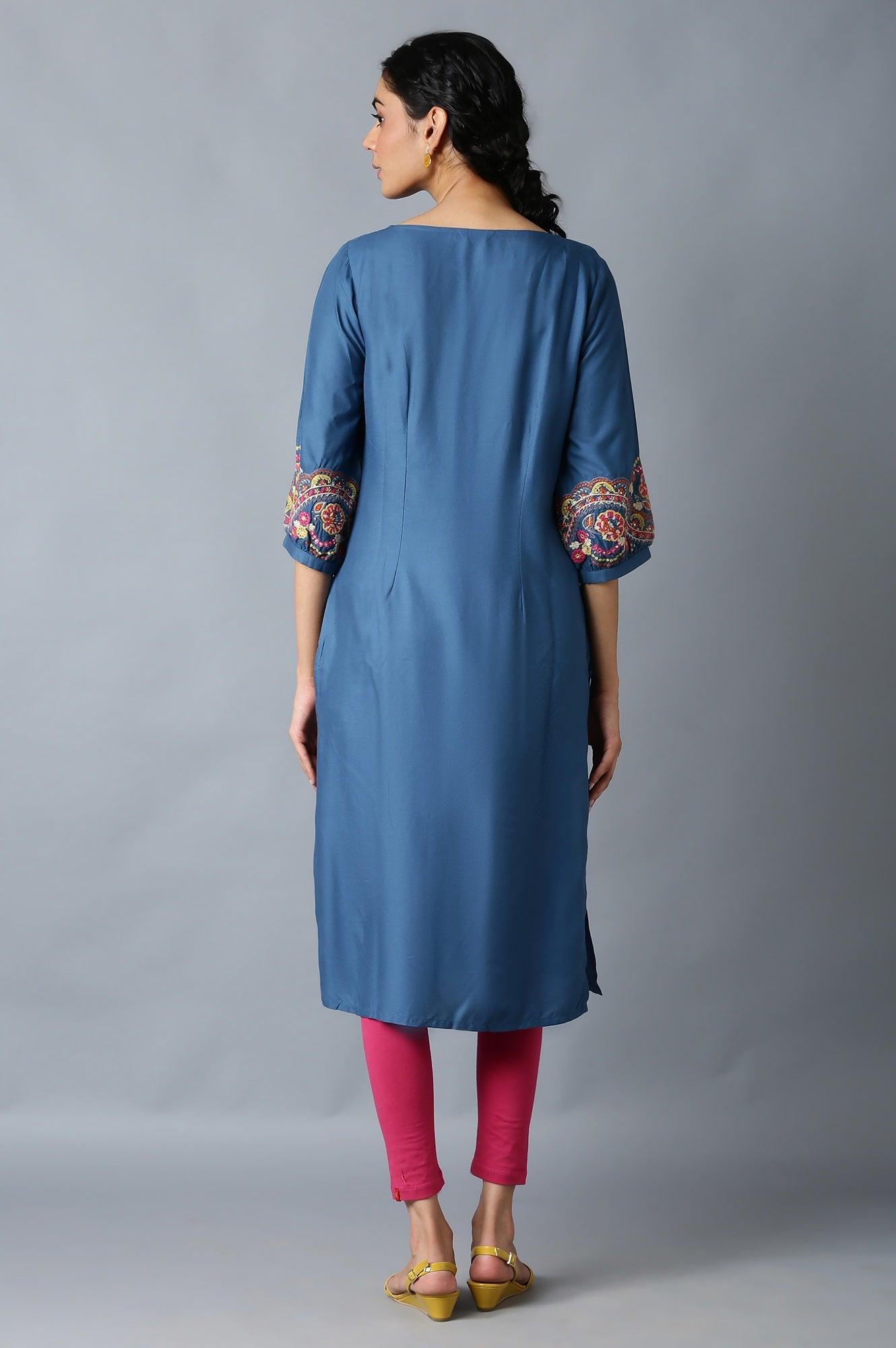 Deep Teal Straight Silhouette kurta With Thread Embroidery - wforwoman