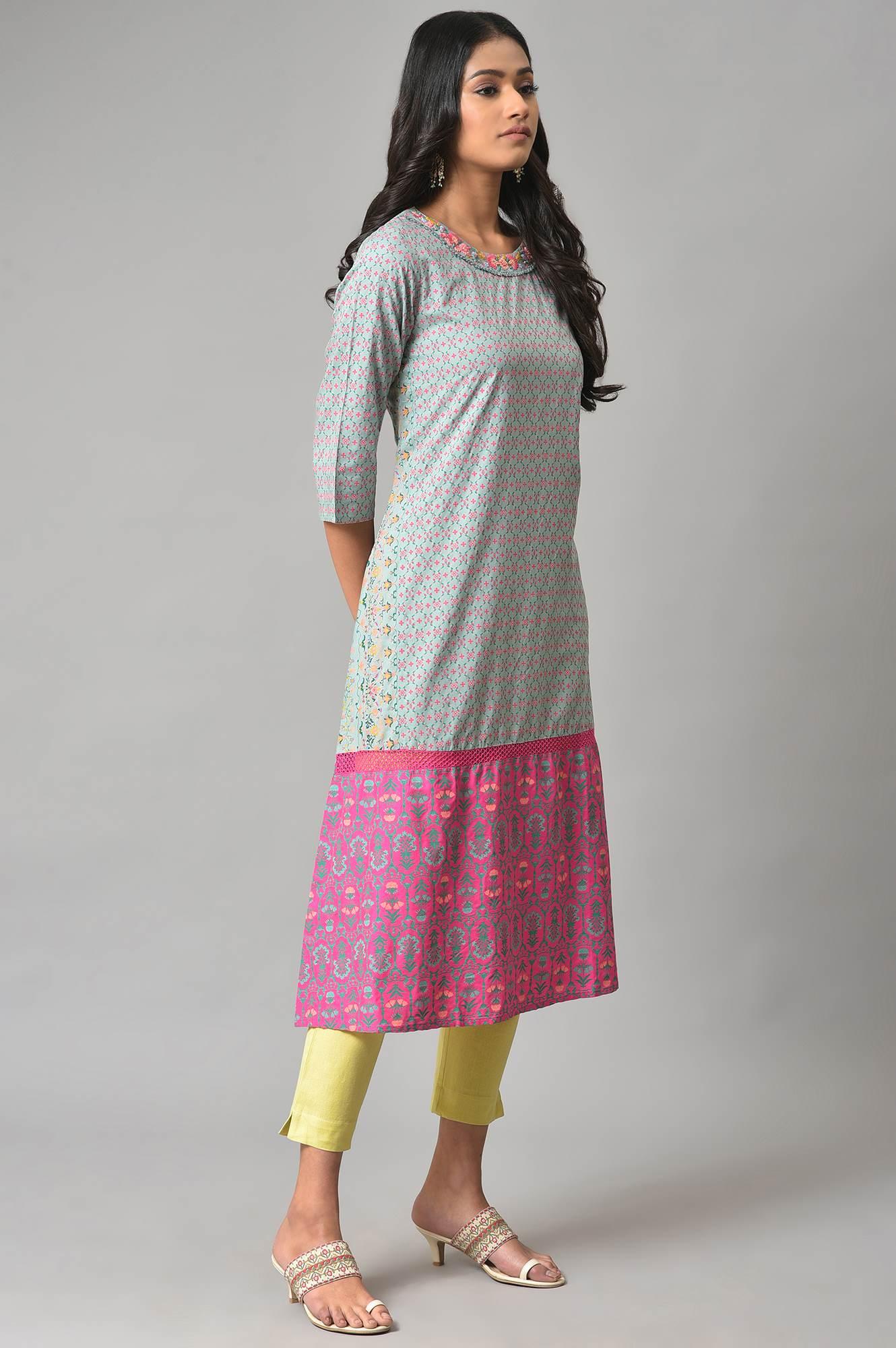 Blue And Pink Printed Straight kurta - wforwoman