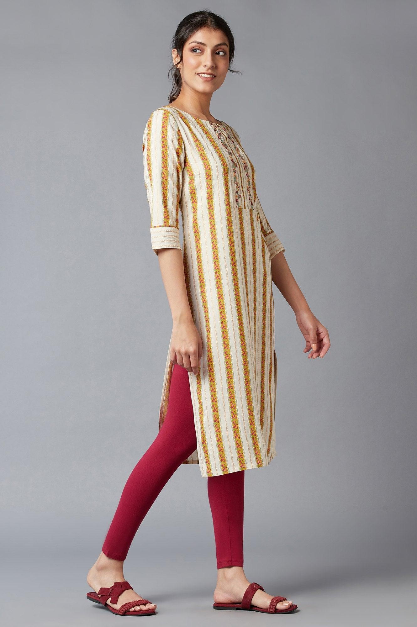 Ecru And Yellow Floral Print kurta With Thread Embroidery - wforwoman