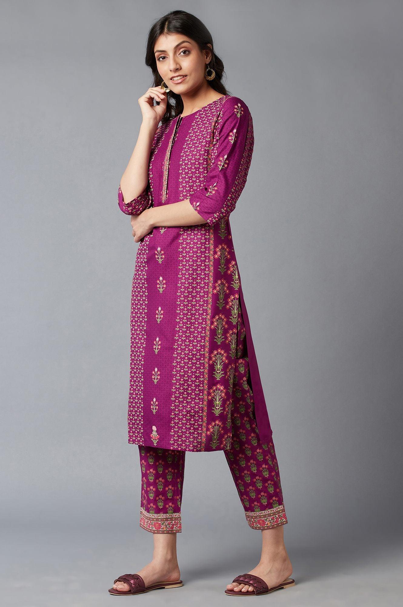 Dark Purple Floral Print kurta With Thread Embroidery - wforwoman