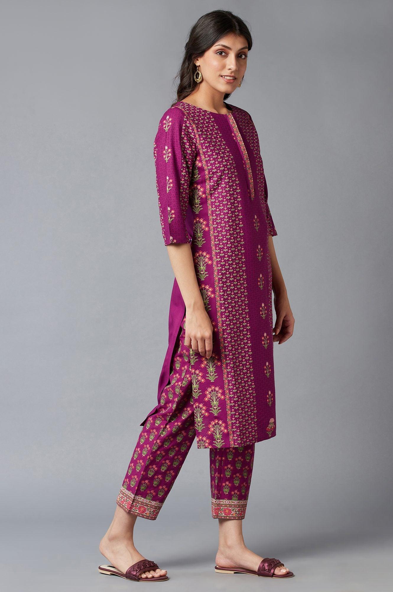 Dark Purple Floral Print kurta With Thread Embroidery - wforwoman