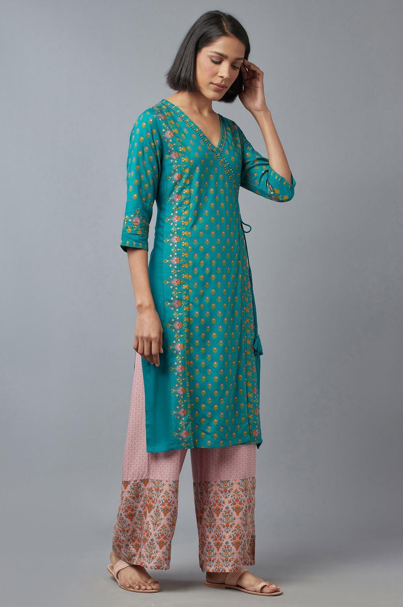 Teal Green Angrakha kurta with Sequin and Bead Work - wforwoman