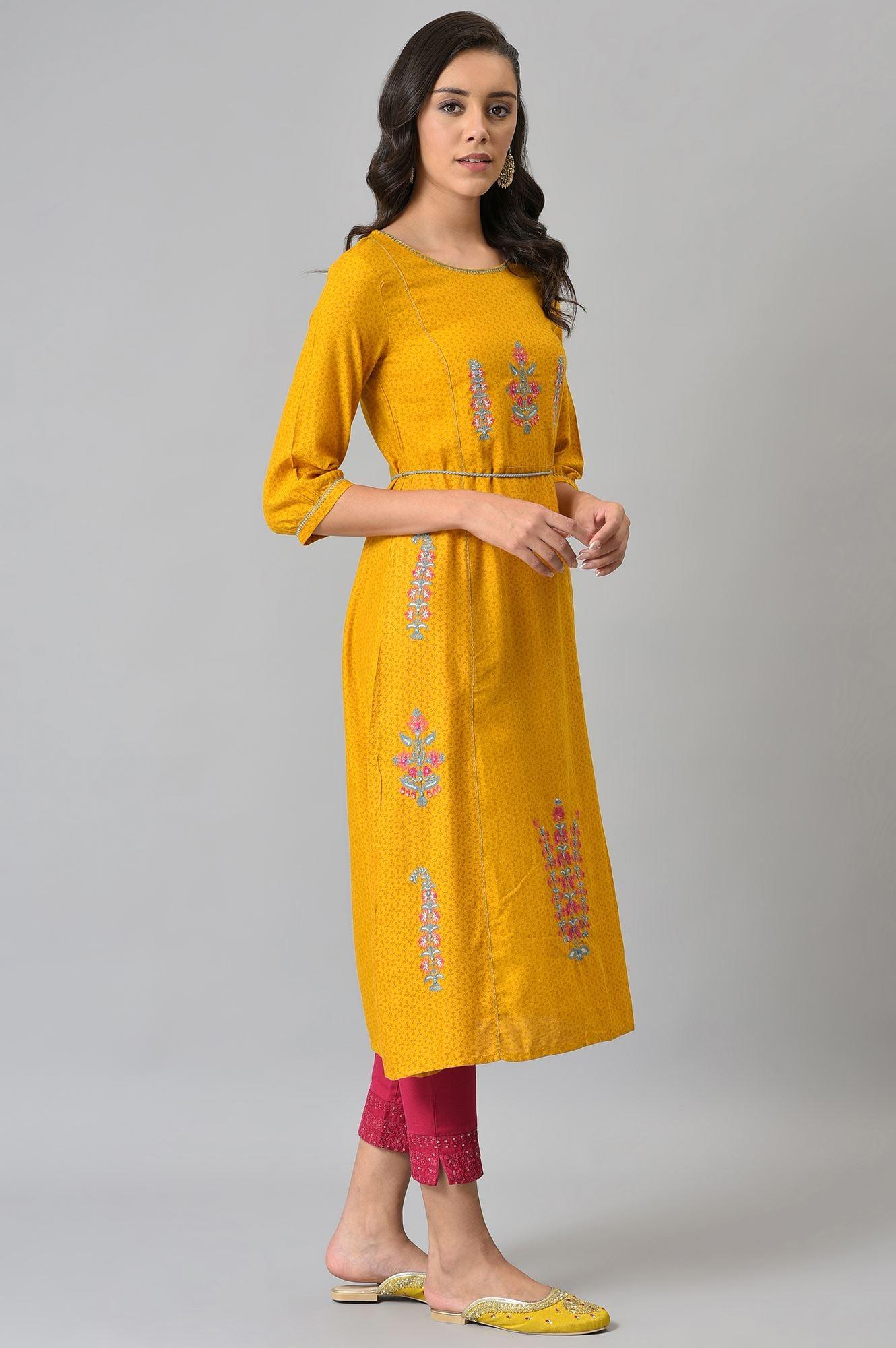 Mustard Yellow A-Line Printed kurta With Embroidery - wforwoman