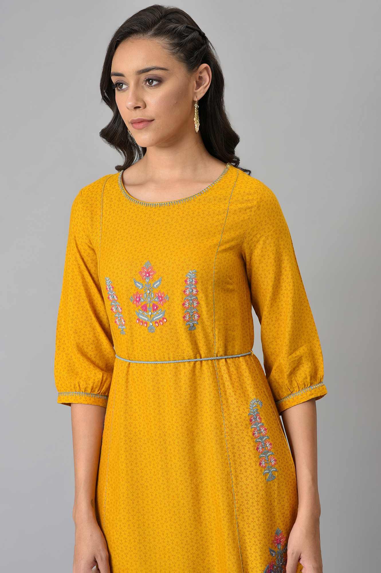 Mustard Yellow A-Line Printed kurta With Embroidery - wforwoman