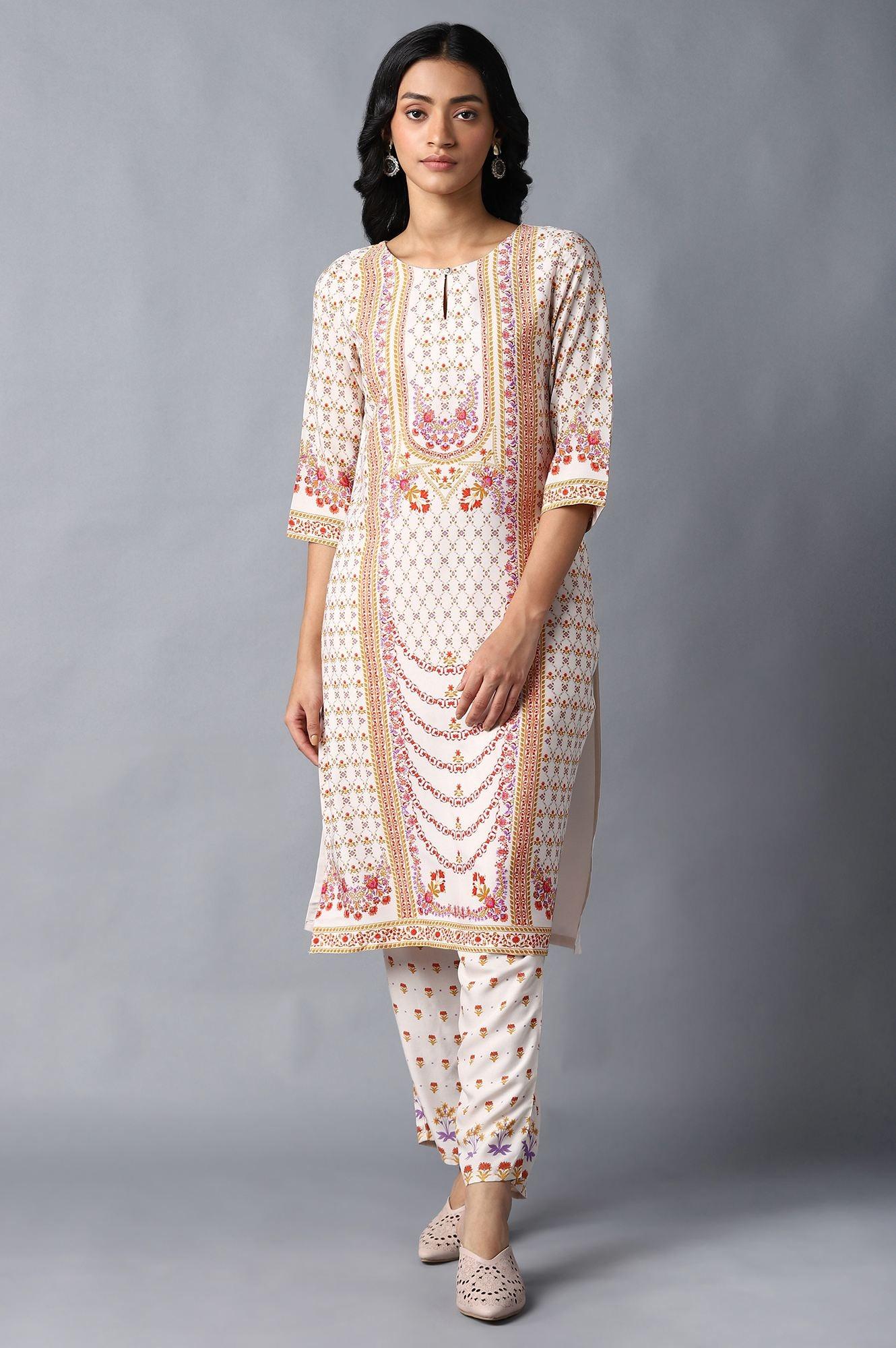 Ecru Round Neck kurta With Multicoloured Floral Print - wforwoman