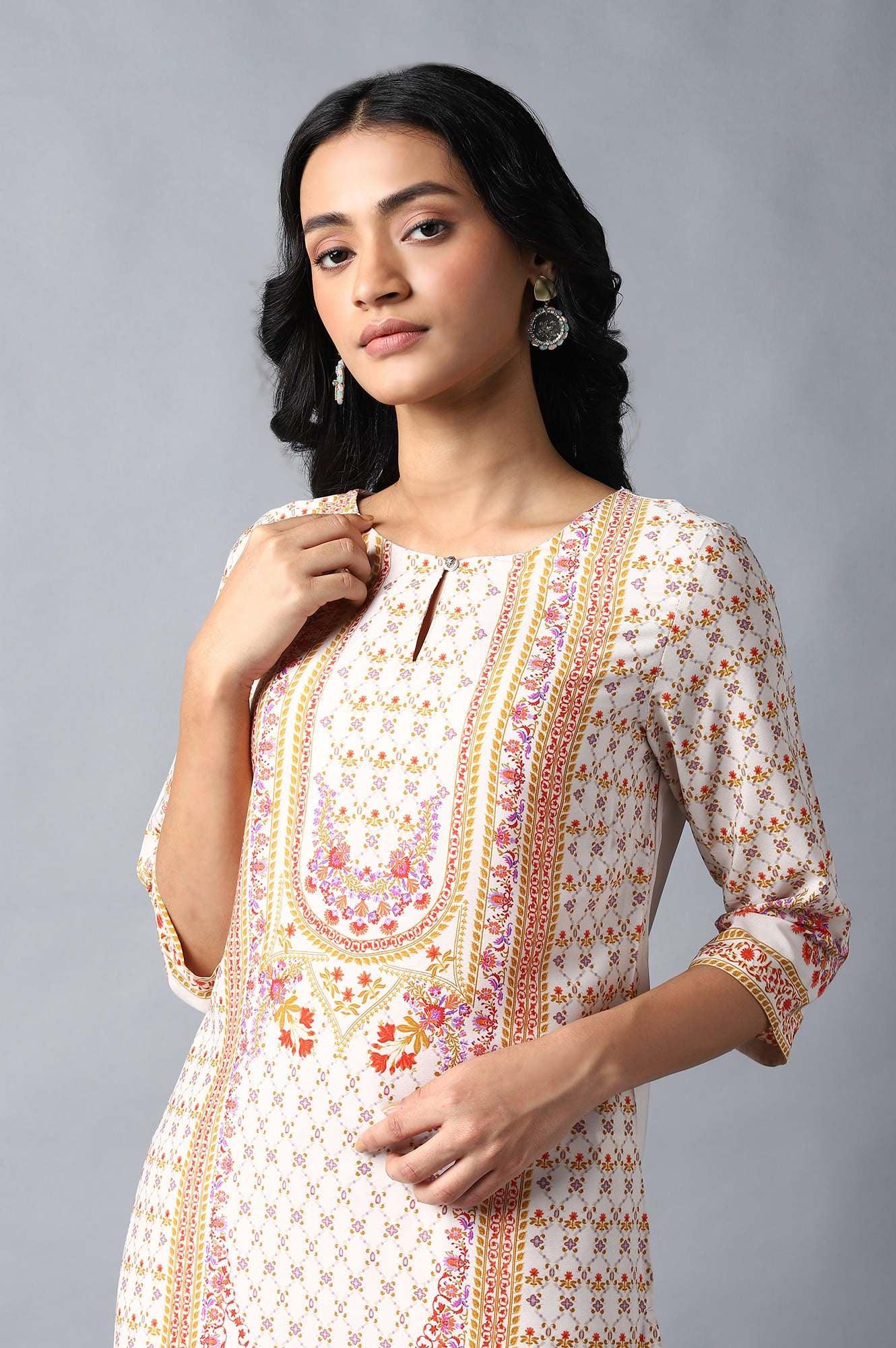 Ecru Round Neck kurta With Multicoloured Floral Print - wforwoman