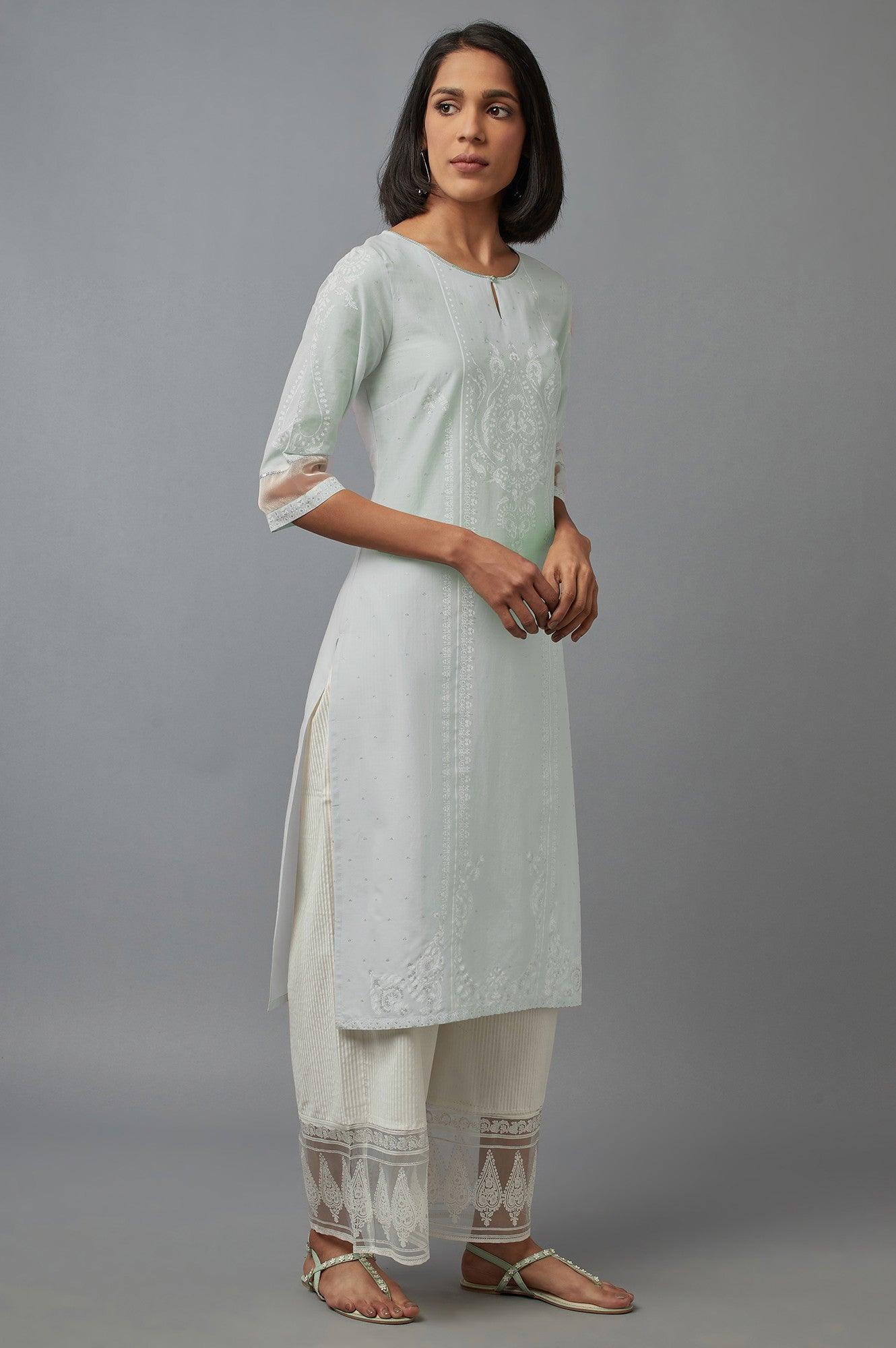 Subtle Green Printed kurta with Sequins - wforwoman