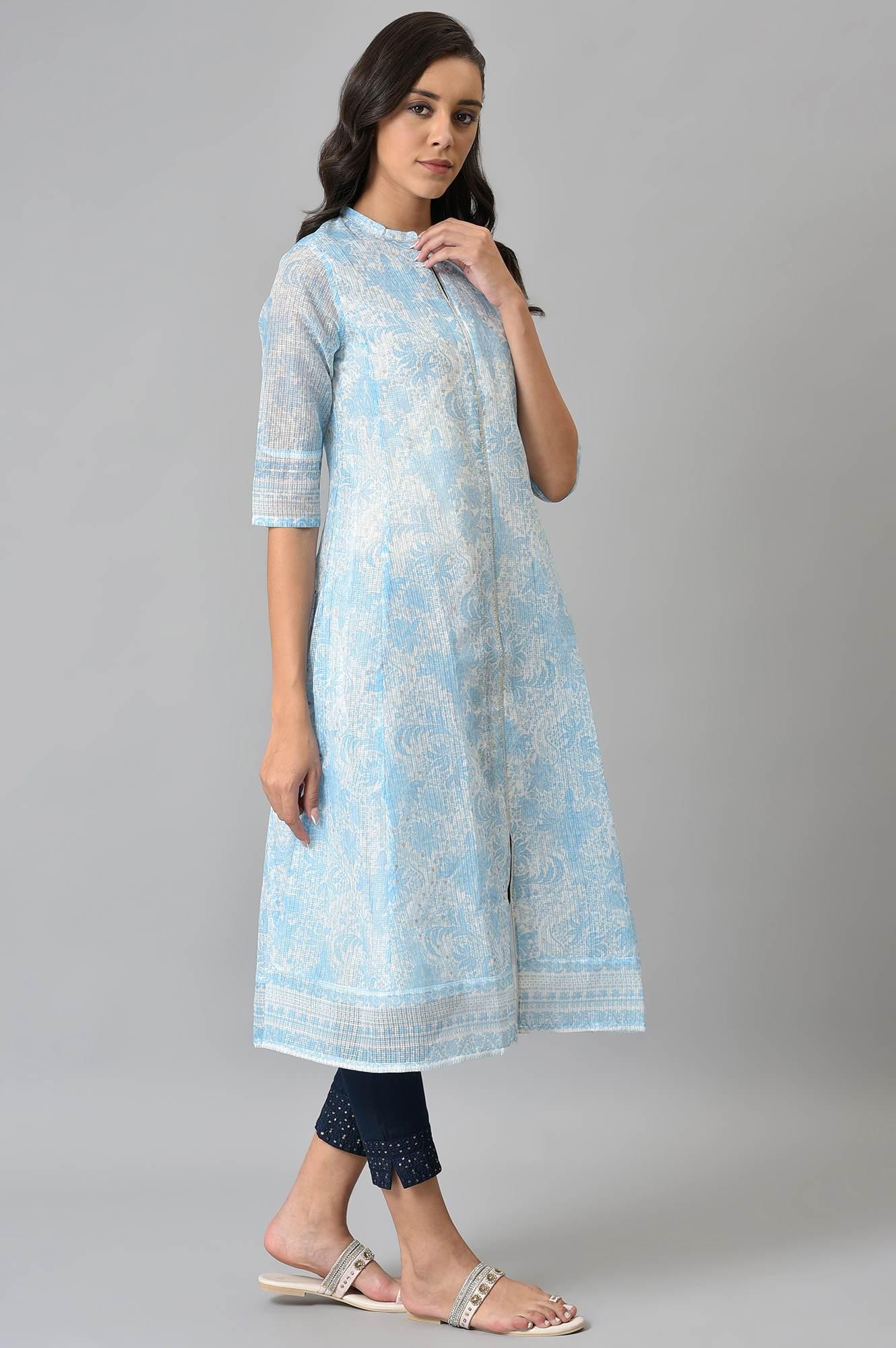 Blue And Ecru Printed Kota kurta - wforwoman