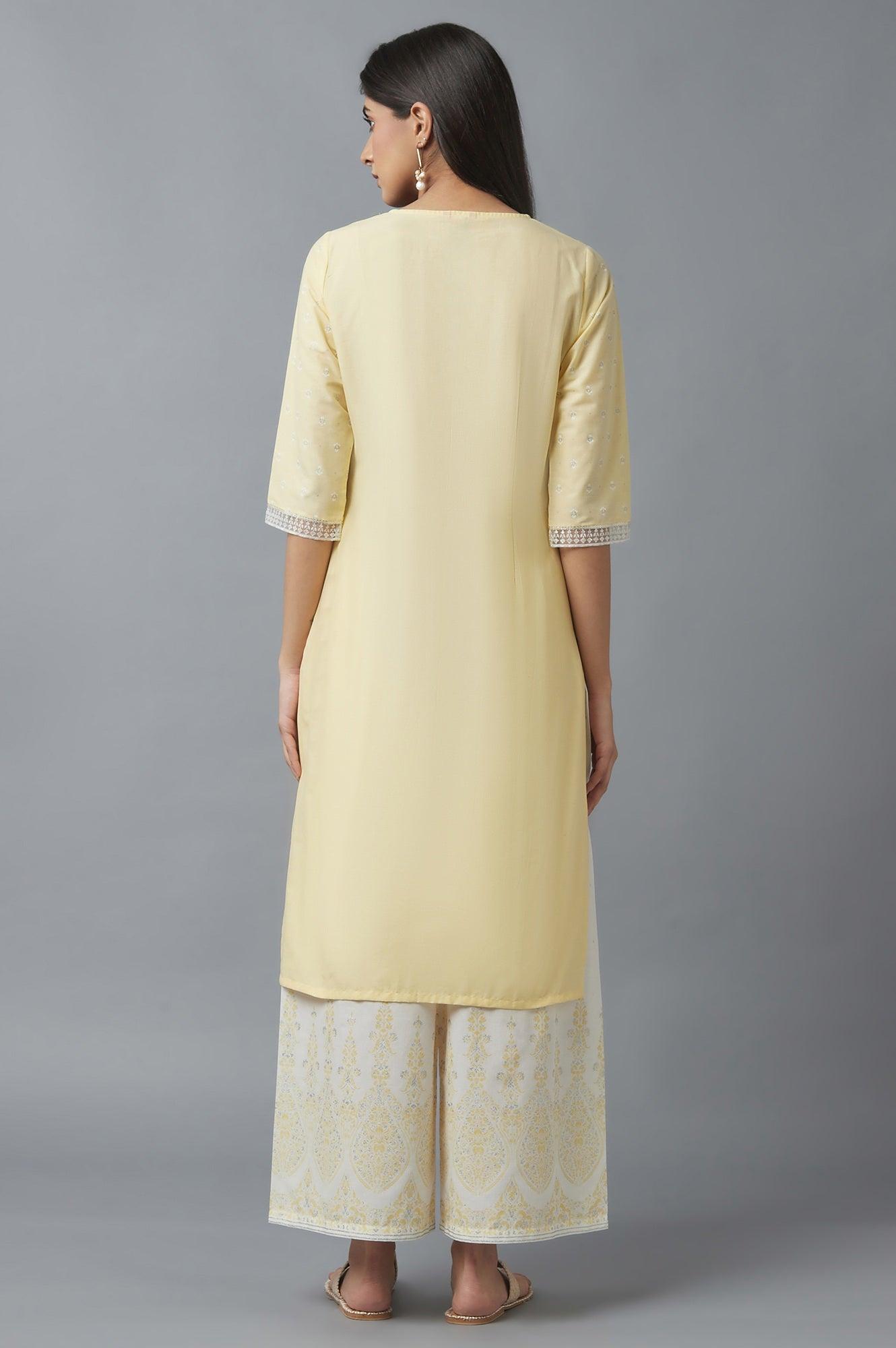 Yellow Embroidered kurta with Brasso Panels - wforwoman