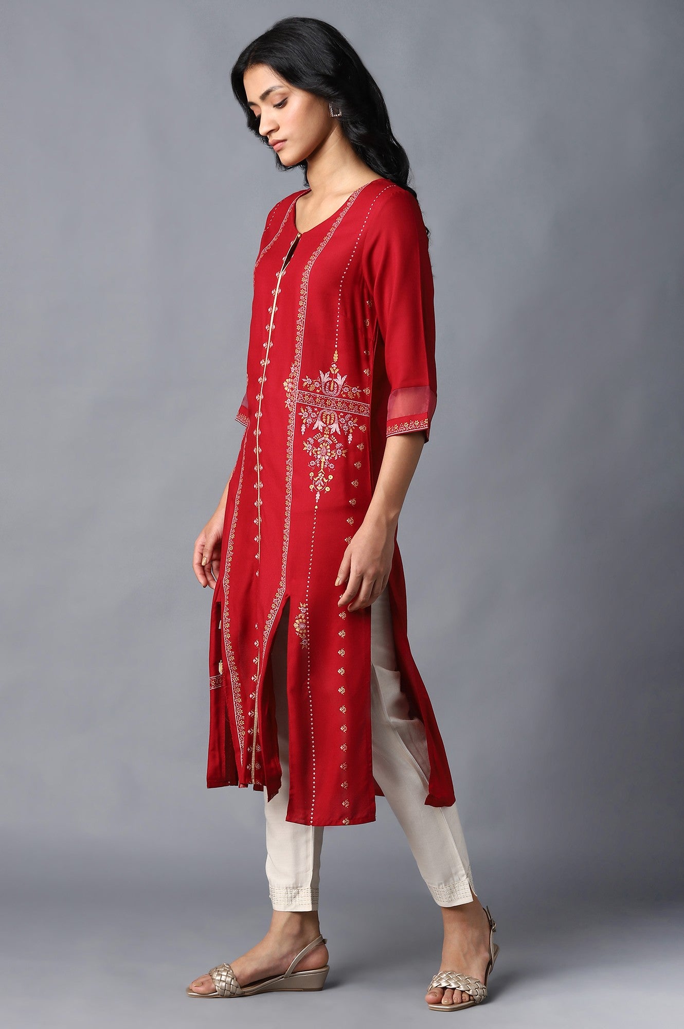 Crimson Red Cotton Straight Printed Kurta