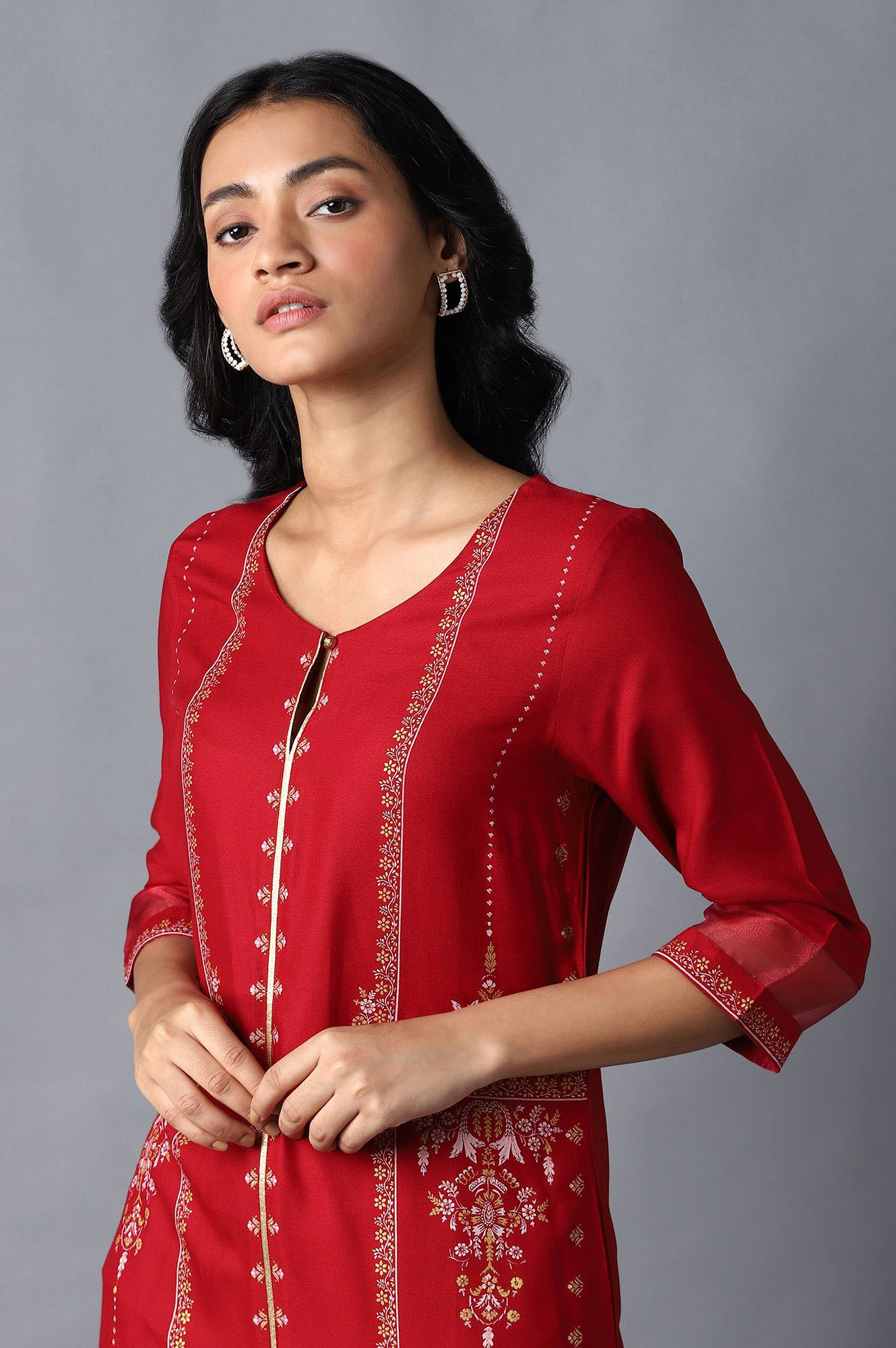 Crimson Red Cotton Straight Printed Kurta
