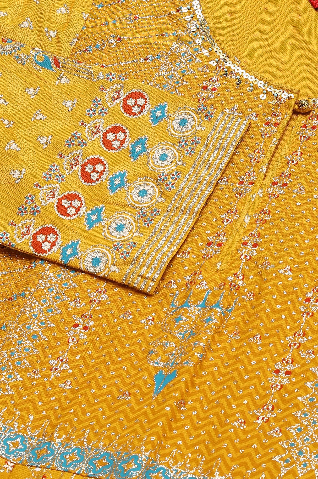 Mustard Floral Printed Kalidar Dress - wforwoman