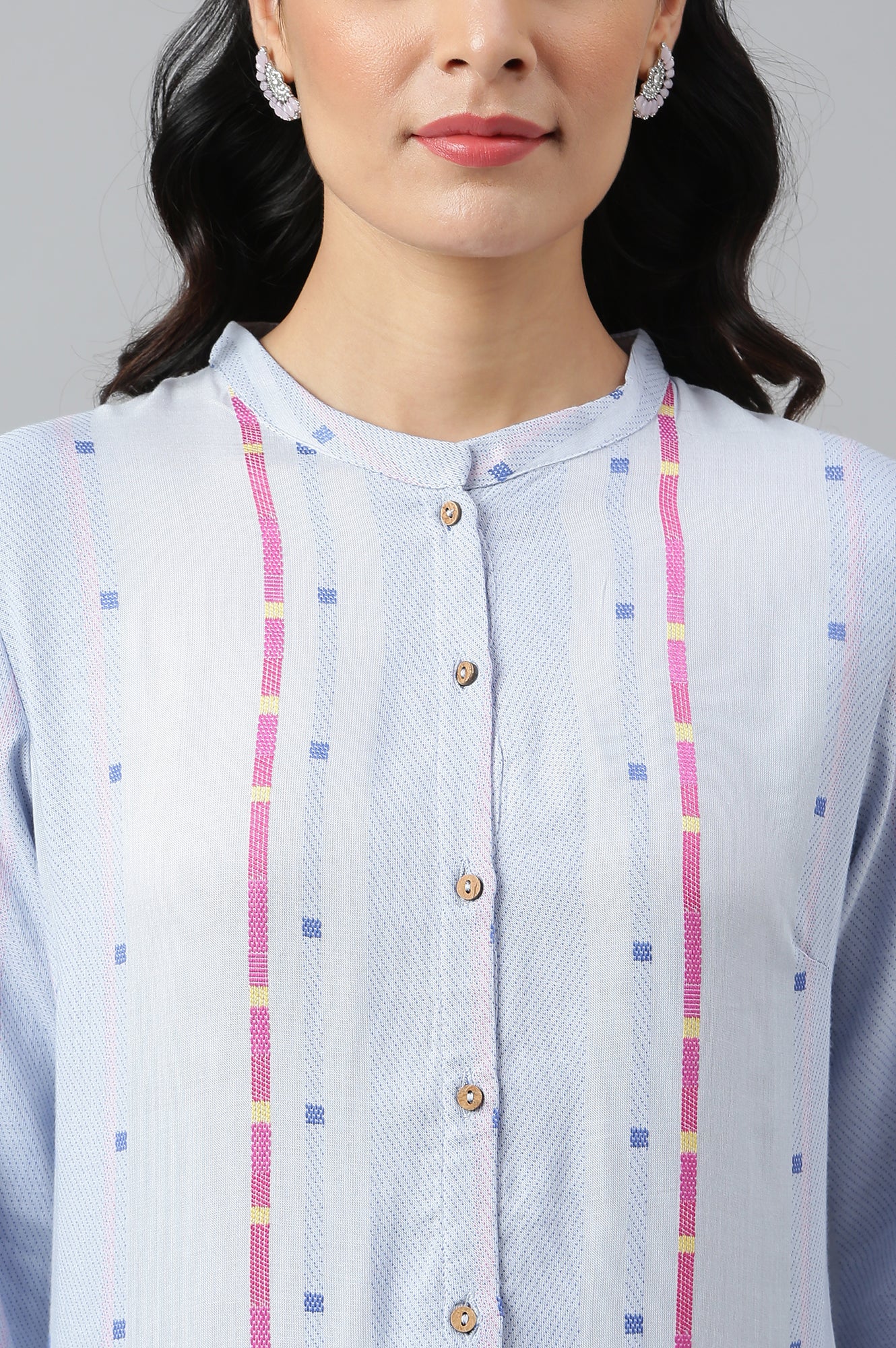 Light Blue Geometric Printed Rayon Dobby Straight Kurta with Slim Pant Set