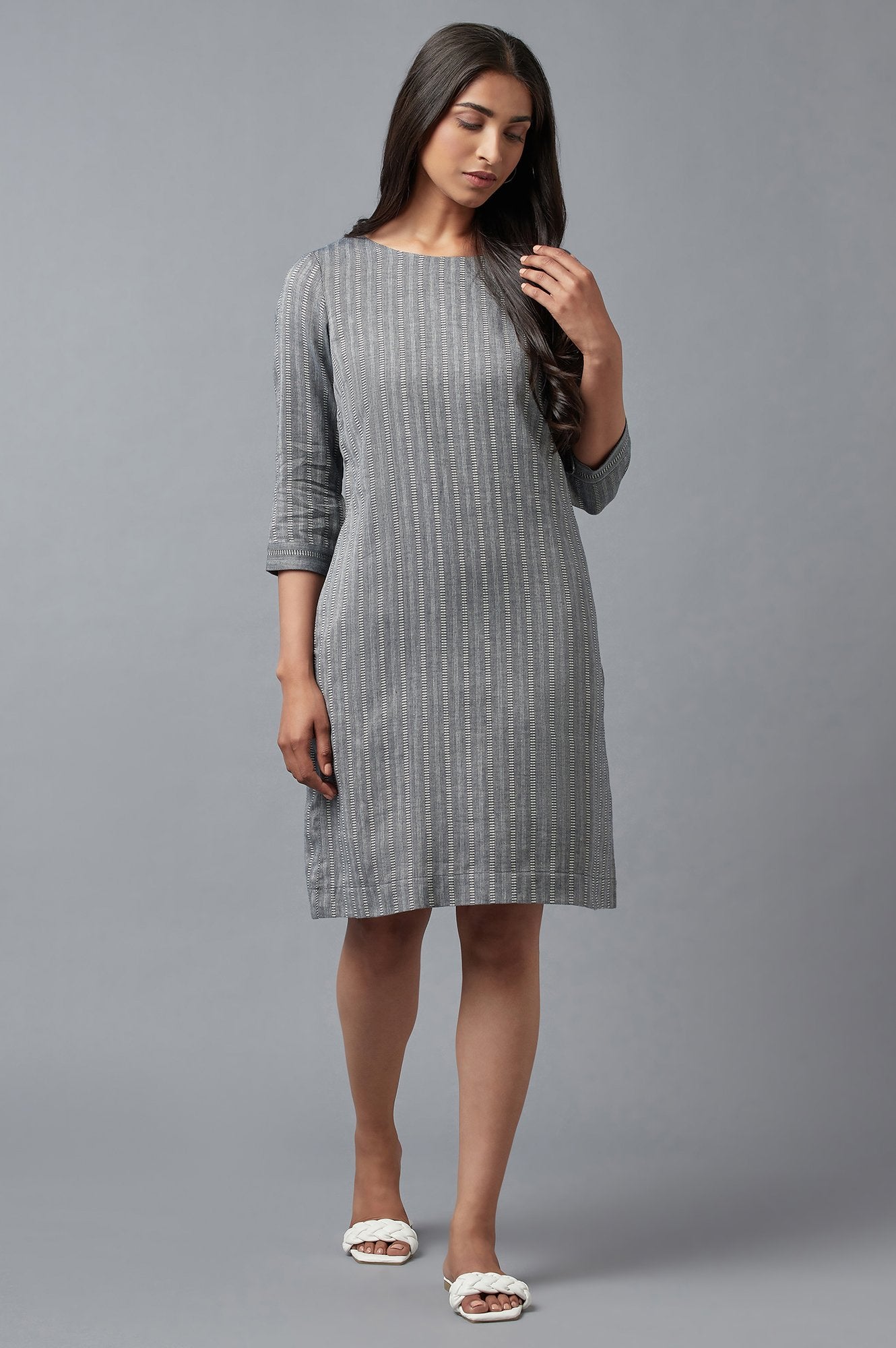 Buy Dark Grey Cootton Textured Stripes Dress In Round Neck Online for Woman  | WforWoman
