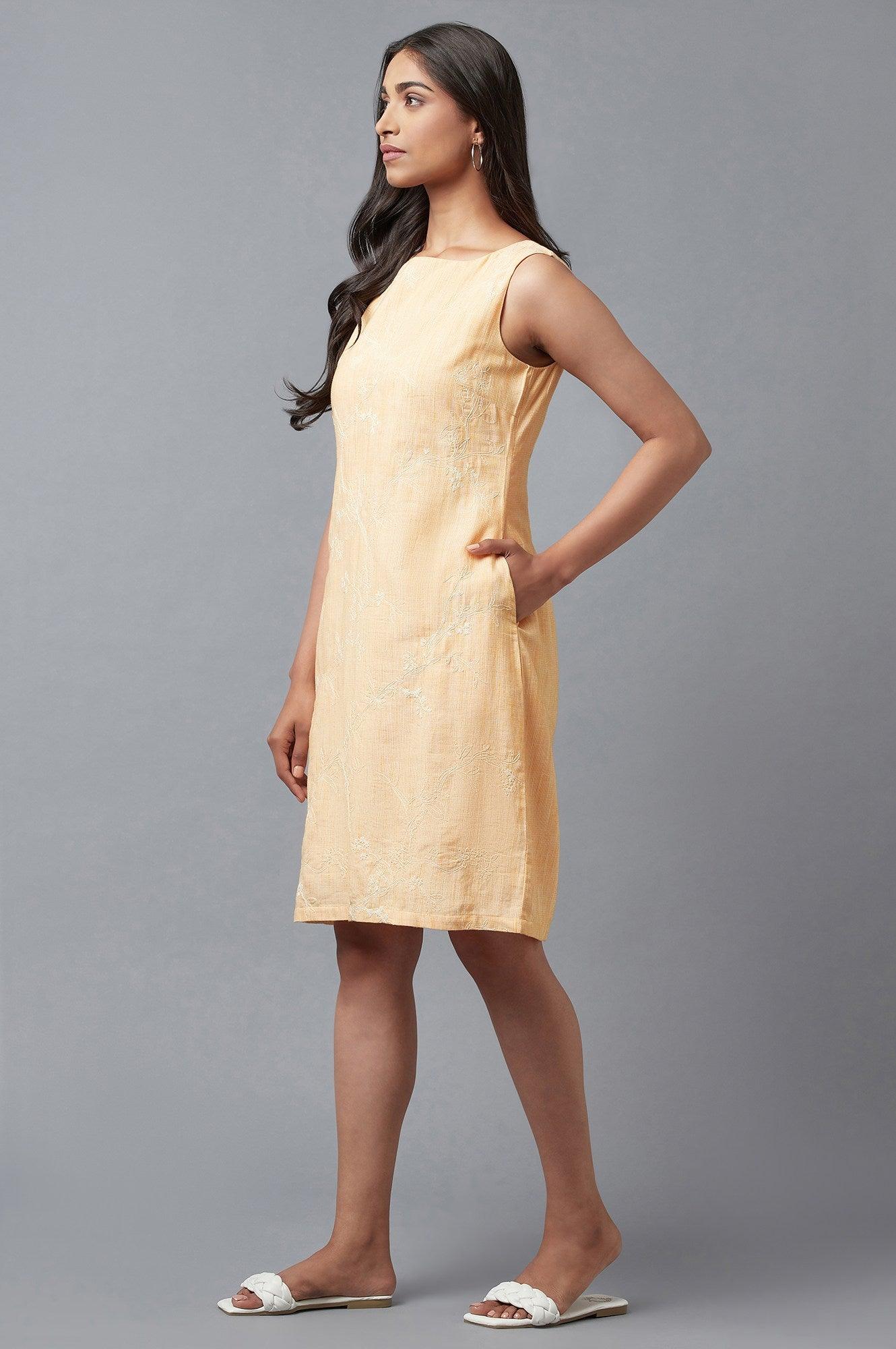 Light Orange Cotton Sleeveless Dress With Floral Print - wforwoman