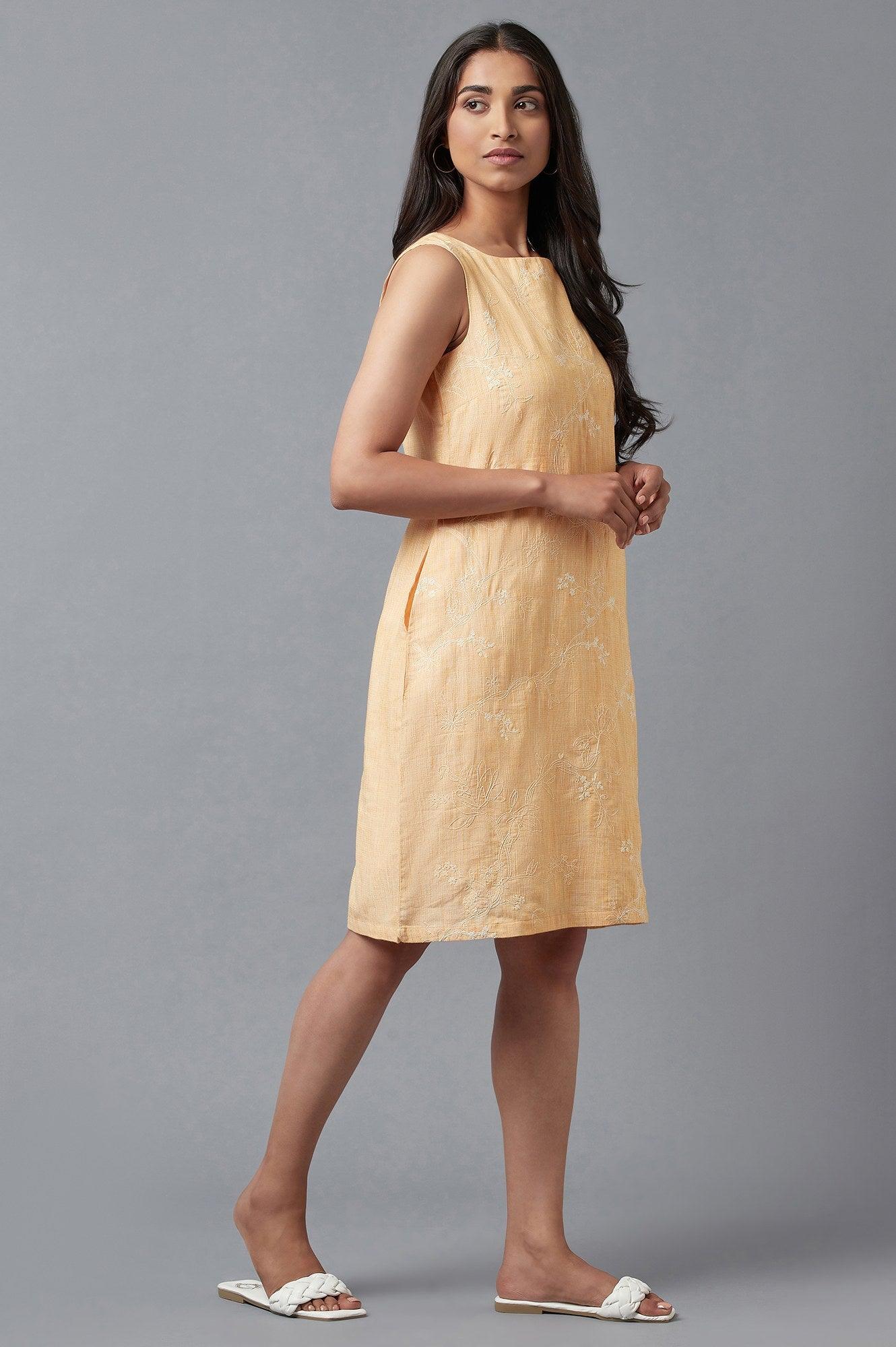 Light Orange Cotton Sleeveless Dress With Floral Print - wforwoman