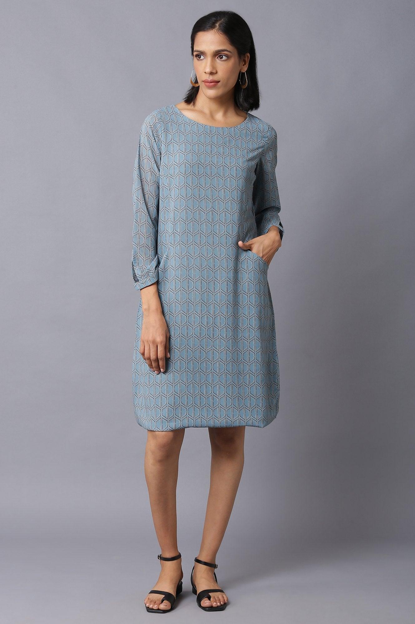 Light Teal Georgette Printed Dress With Cut Out Sleeves - wforwoman
