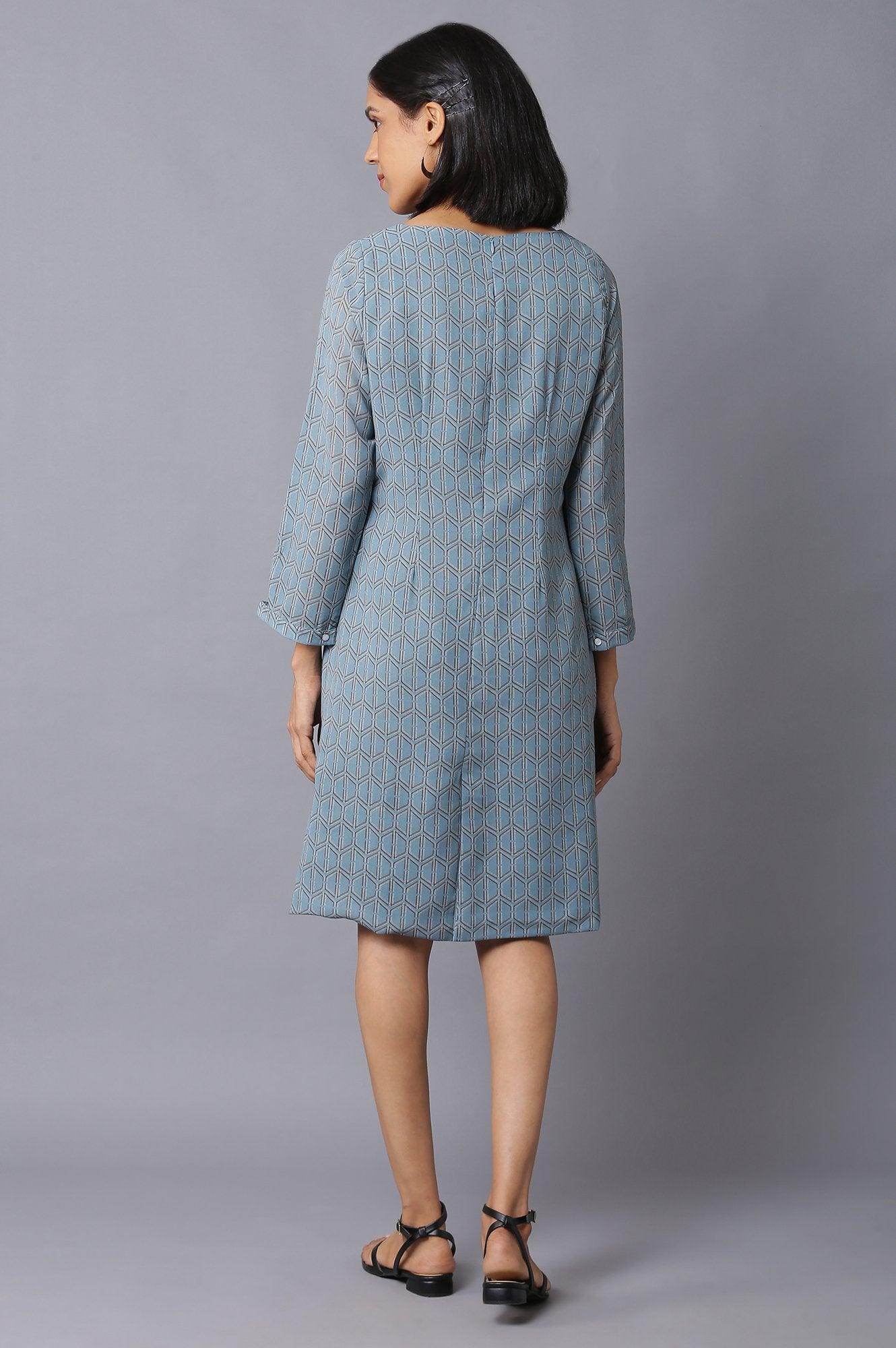 Light Teal Georgette Printed Dress With Cut Out Sleeves - wforwoman