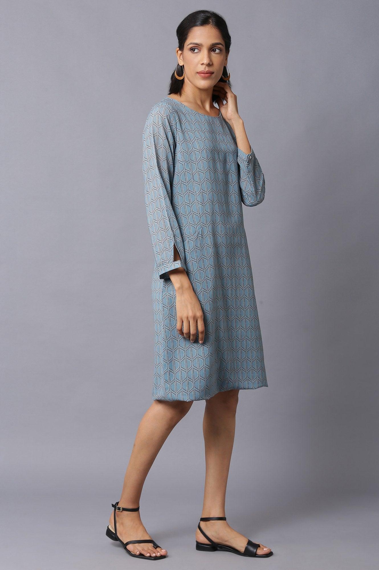 Light Teal Georgette Printed Dress With Cut Out Sleeves - wforwoman