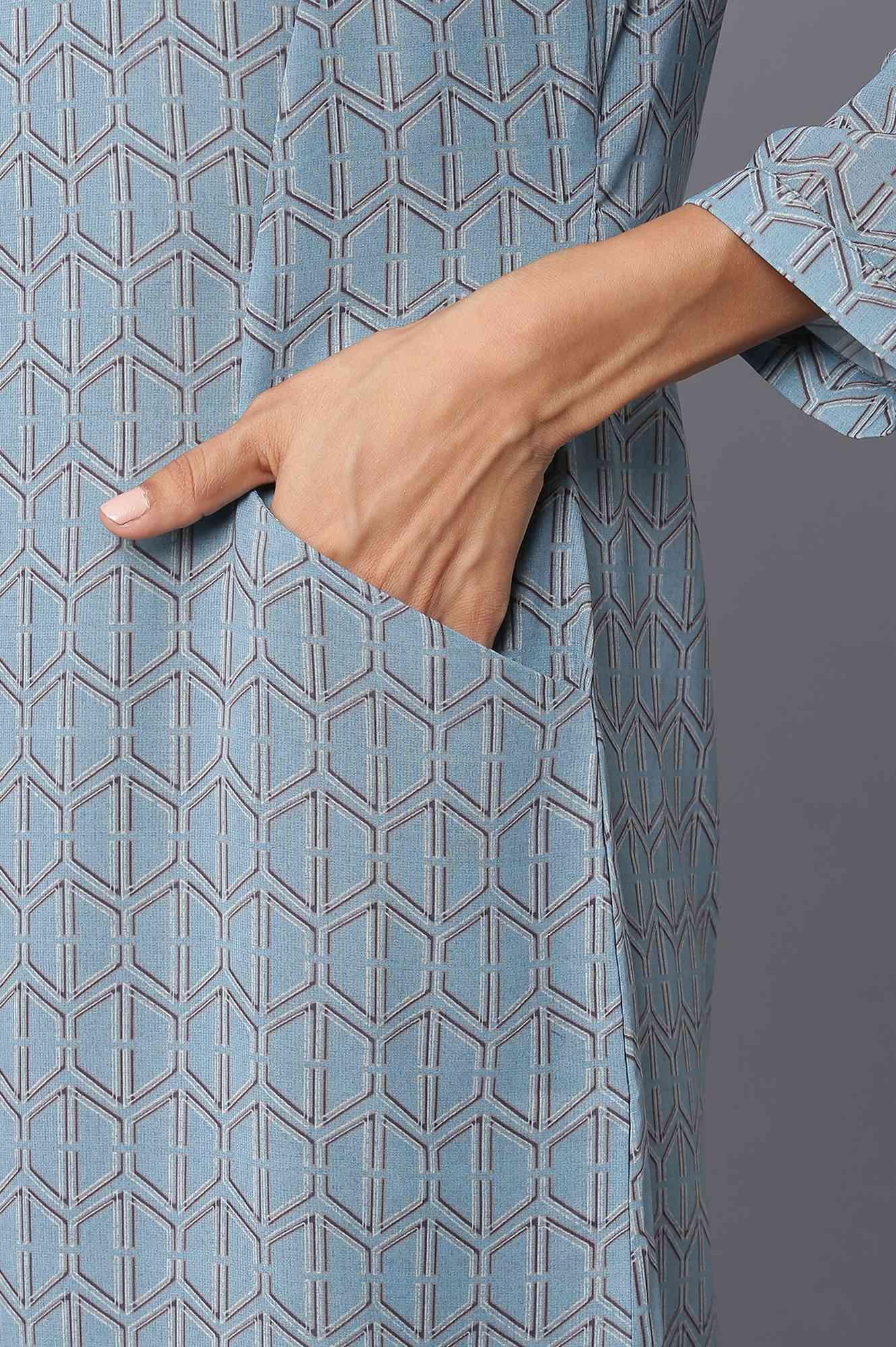 Light Teal Georgette Printed Dress With Cut Out Sleeves - wforwoman