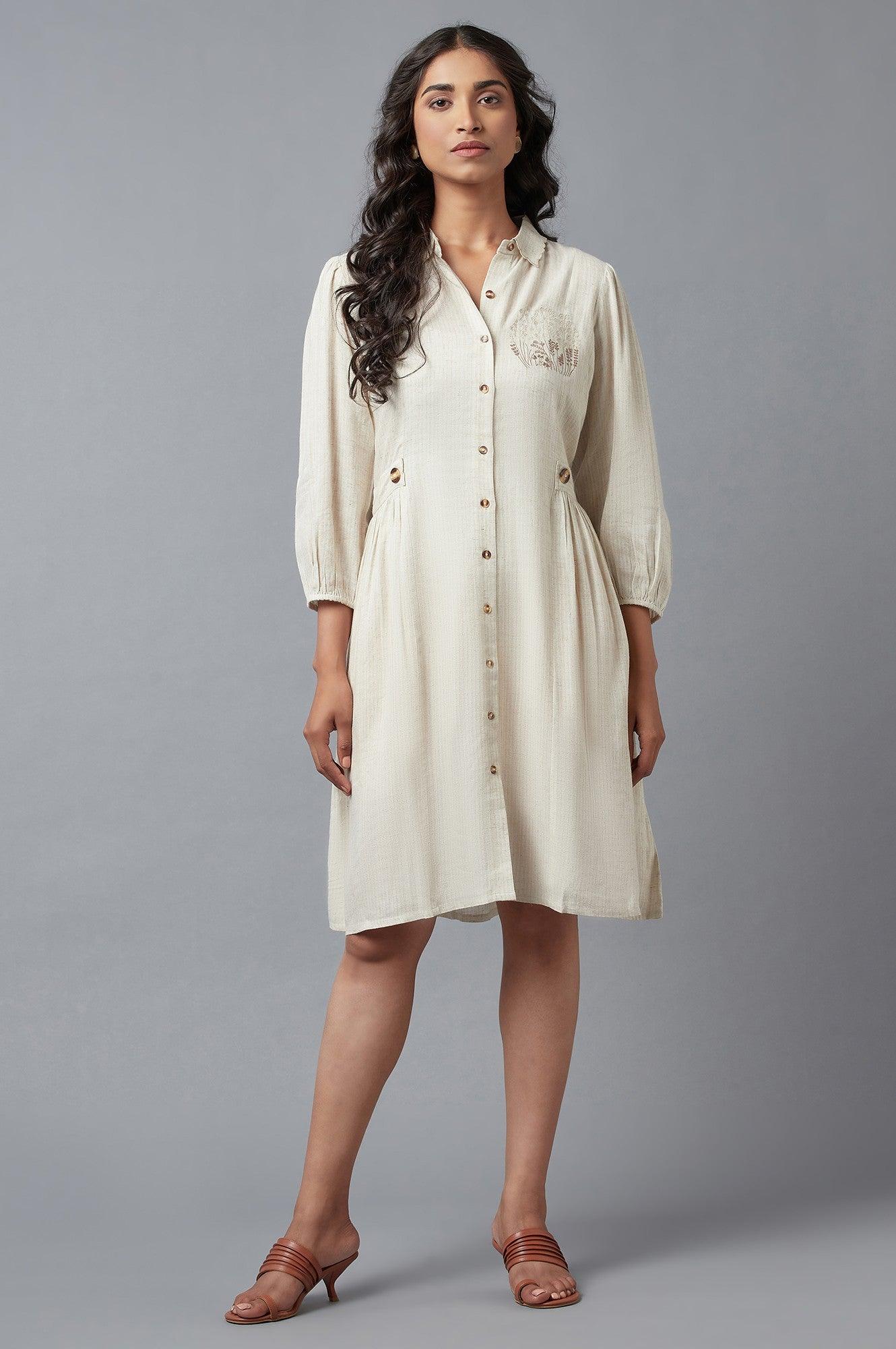 Buy Beige Solid Straight Dress With Thread Embroidery Online for Woman |  WforWoman