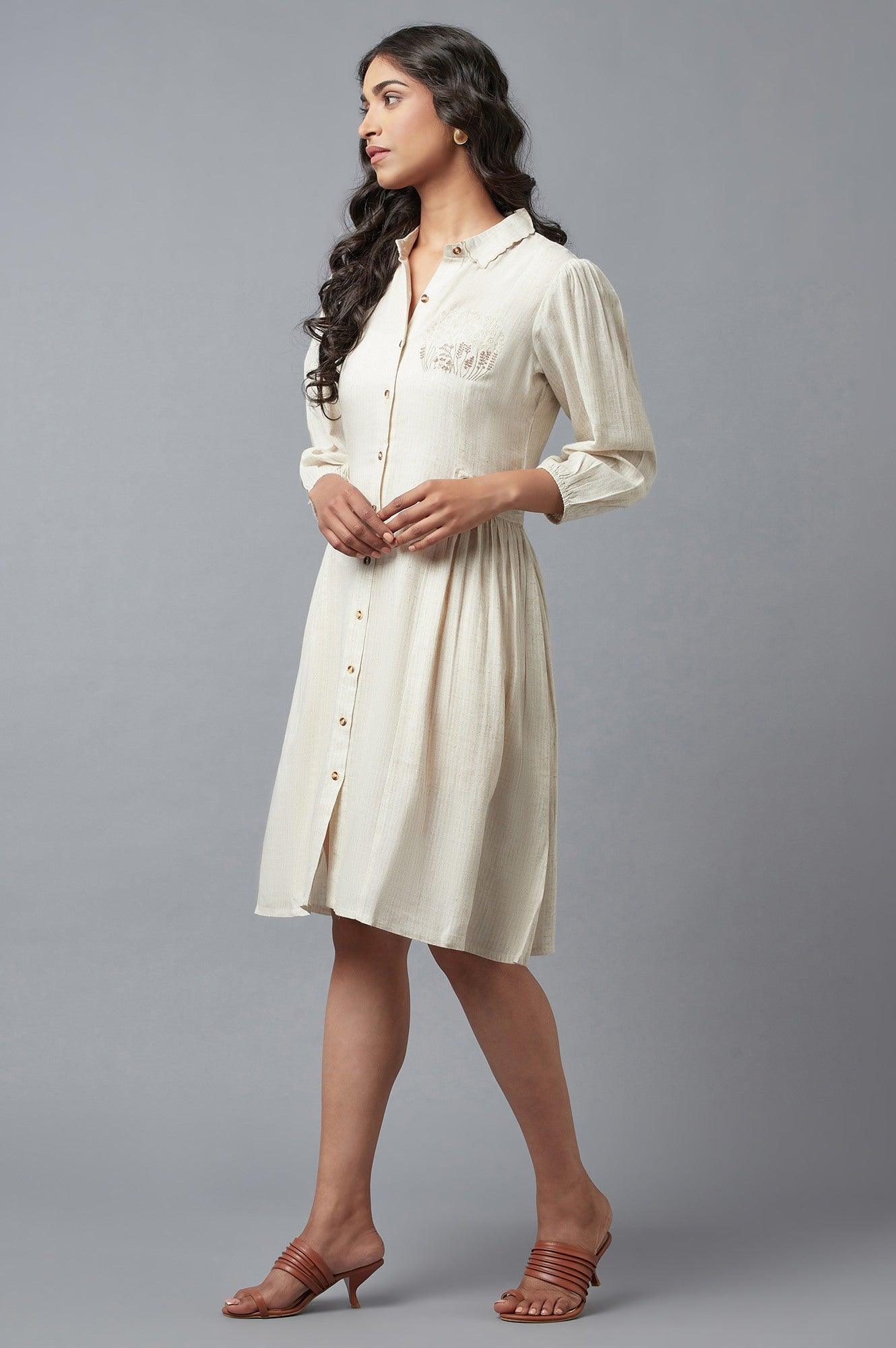 Beige Solid Straight Dress With Thread Embroidery - wforwoman