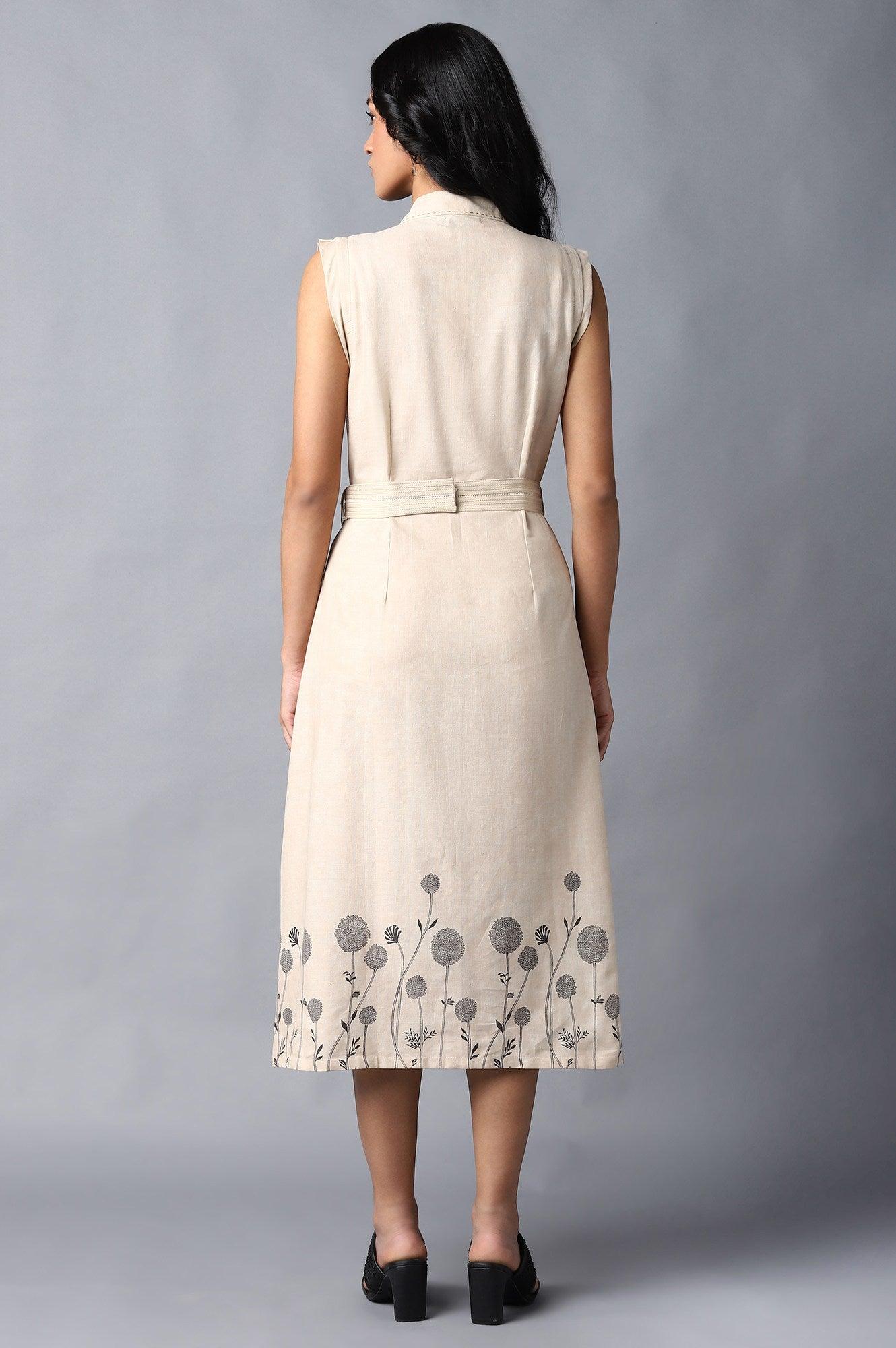 Beige A-Line Cotton Dress In Lapel Collar - wforwoman