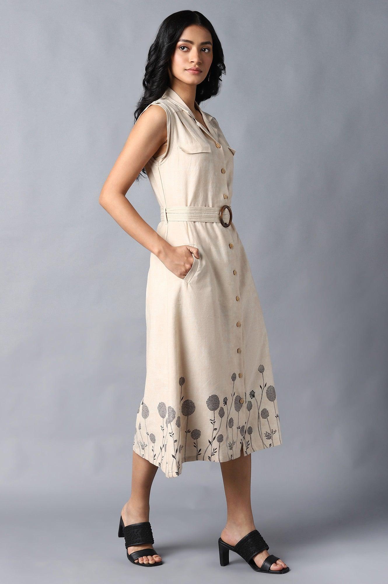 Beige A-Line Cotton Dress In Lapel Collar - wforwoman
