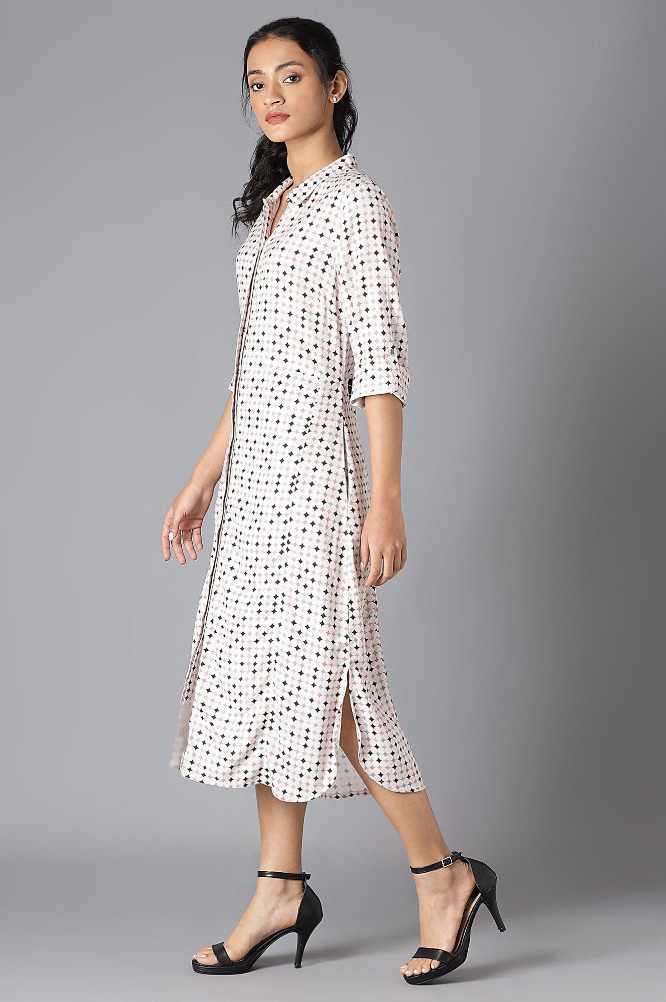 Light Pink Geometric Print Shirt Dress - wforwoman