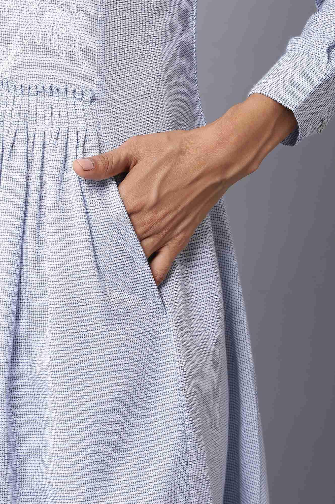 Blue Checker Embroidered Cotton Dress - wforwoman