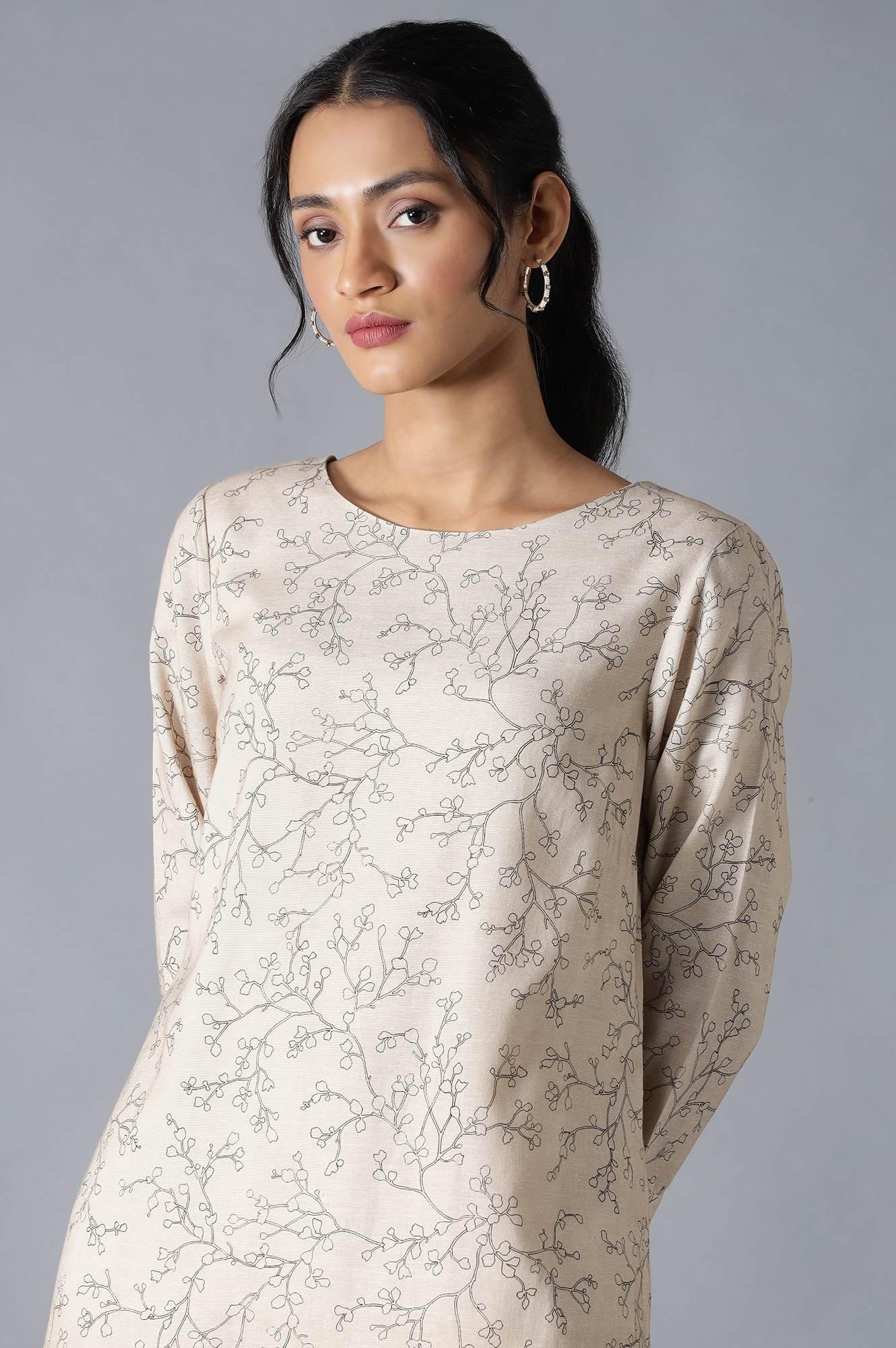 Light Brown Flora Print Dress In Round Neck - wforwoman