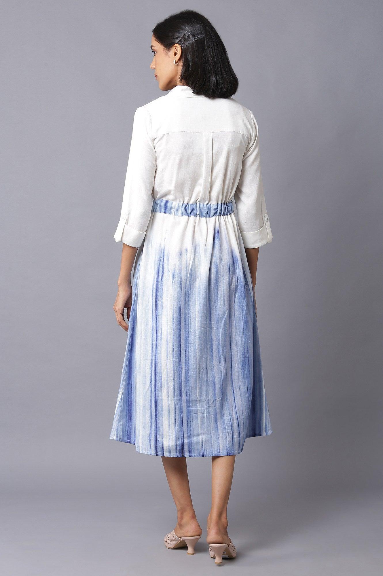 White And Blue Lapel Collar Shirt Dress With Belt - wforwoman