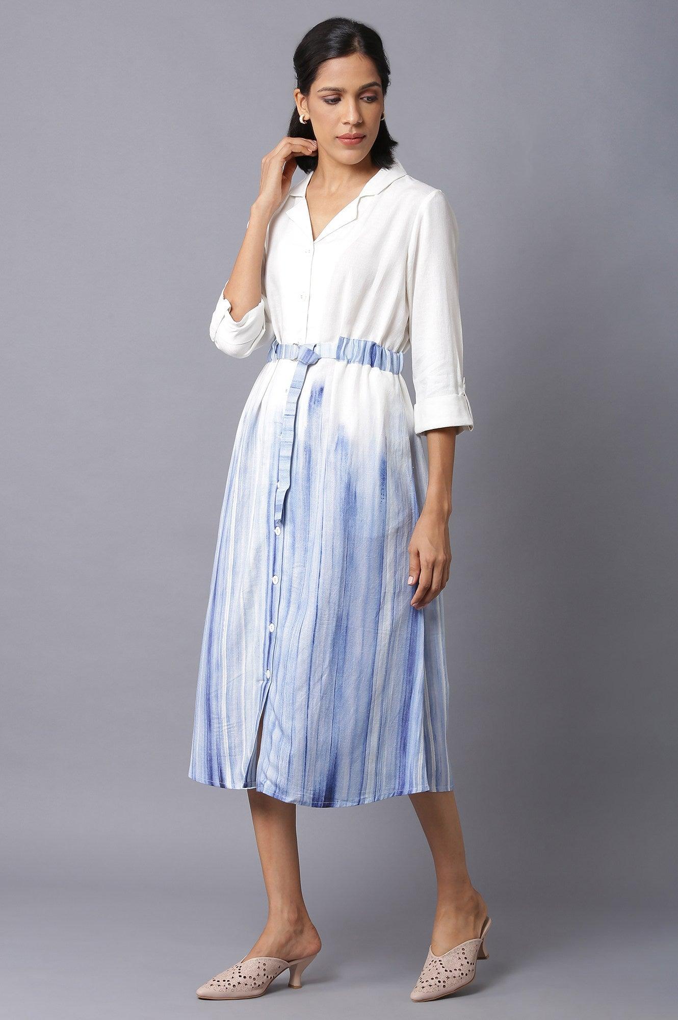 White And Blue Lapel Collar Shirt Dress With Belt - wforwoman