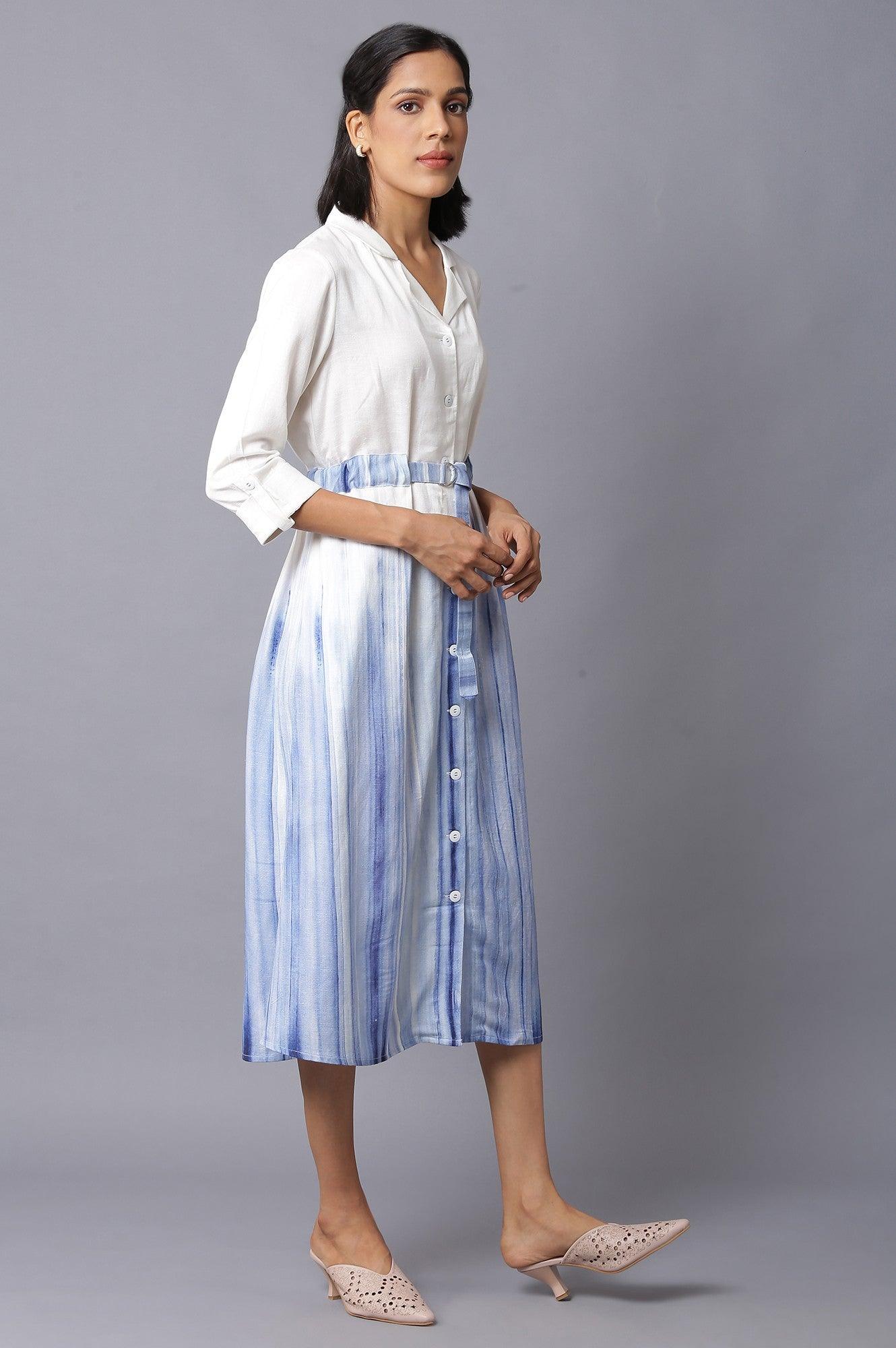 White And Blue Lapel Collar Shirt Dress With Belt - wforwoman