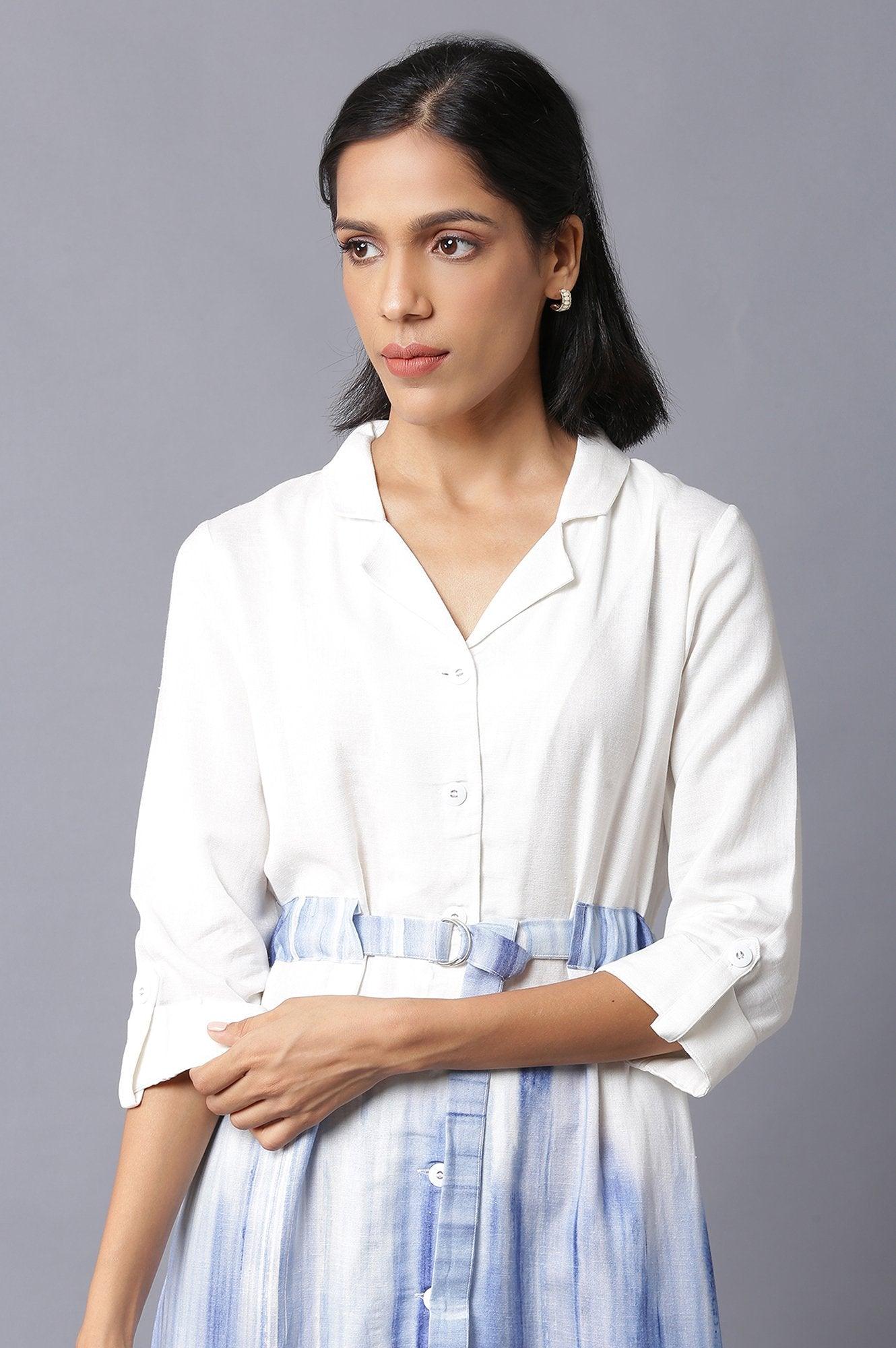 White And Blue Lapel Collar Shirt Dress With Belt - wforwoman