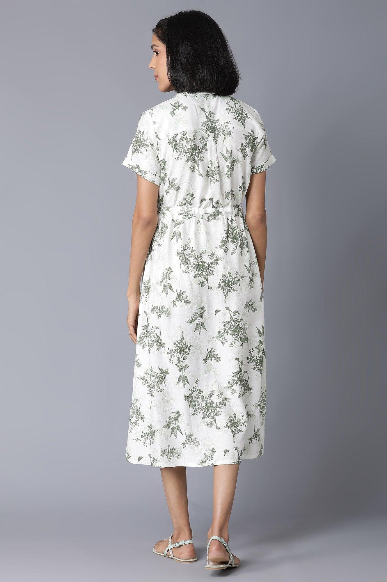 Ecru Floral Print Lapel Collar Dress - wforwoman