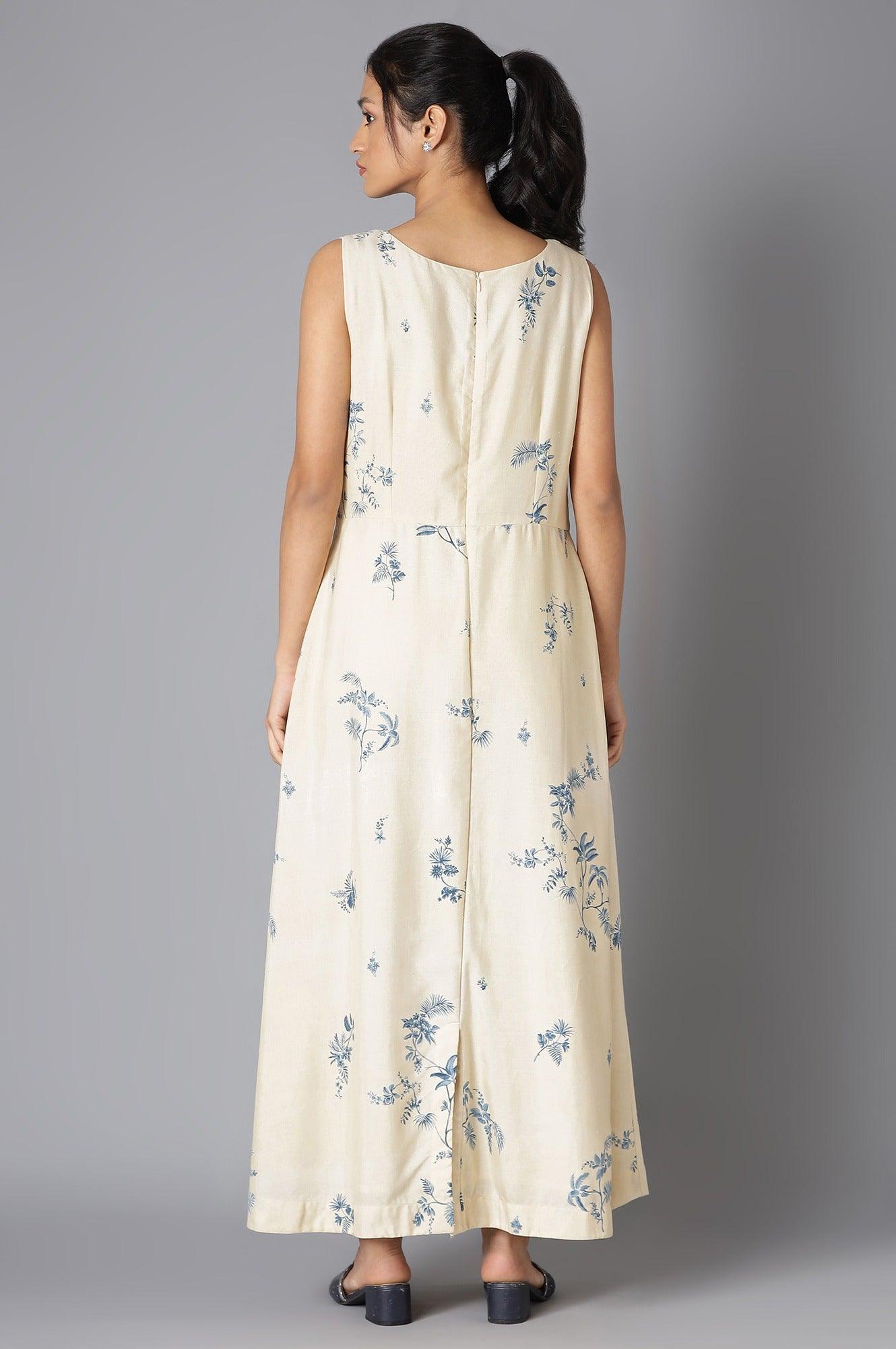 Ecru Floral Sleeveless Dress In Round Neck - wforwoman