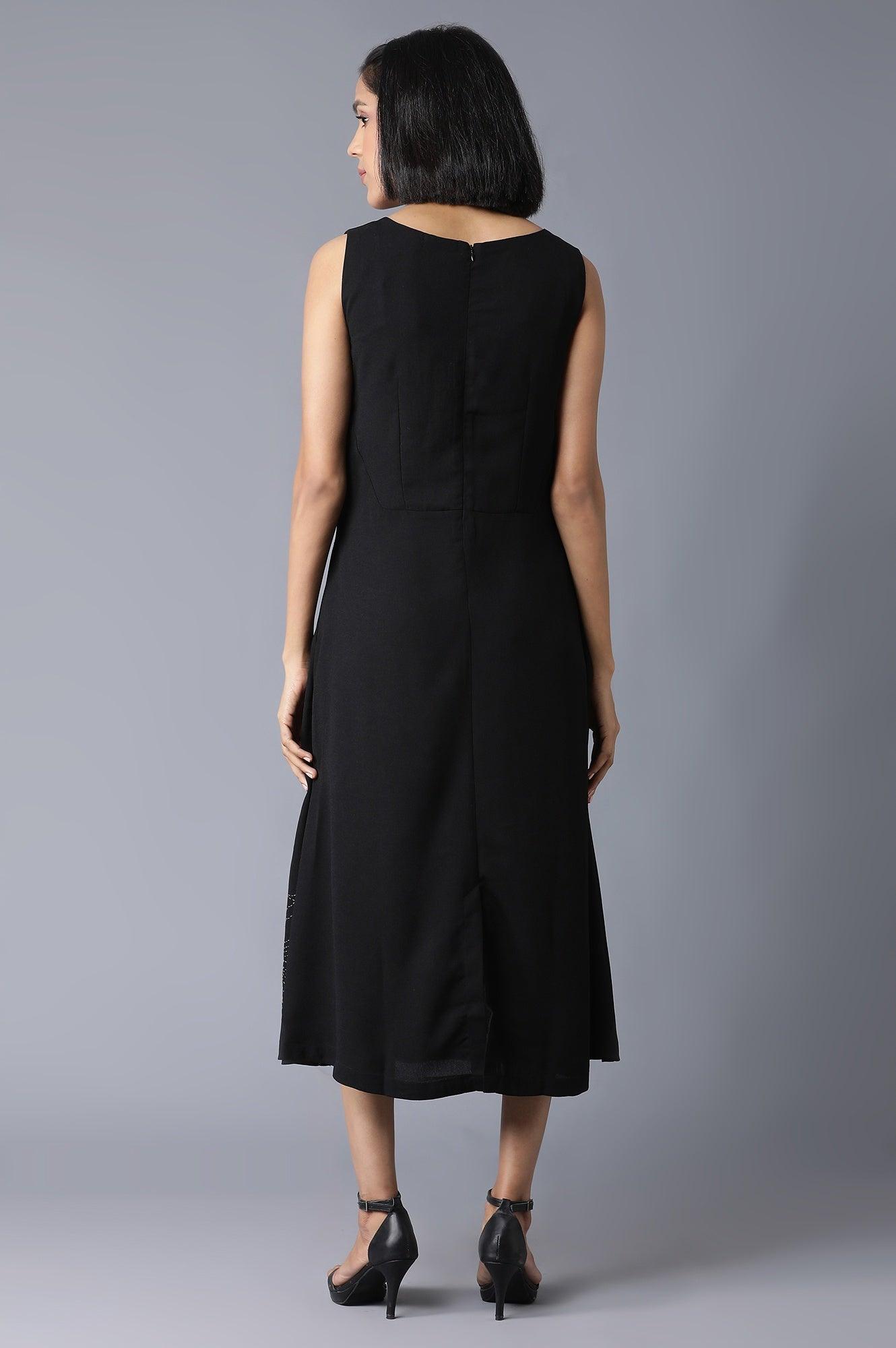 Black Sleeveless Embroidered Dress In Round Neck - wforwoman