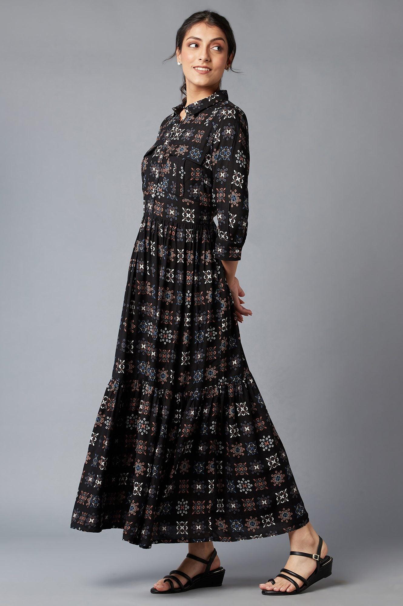 Black Printed Shirt Collar Maxi Dress - wforwoman
