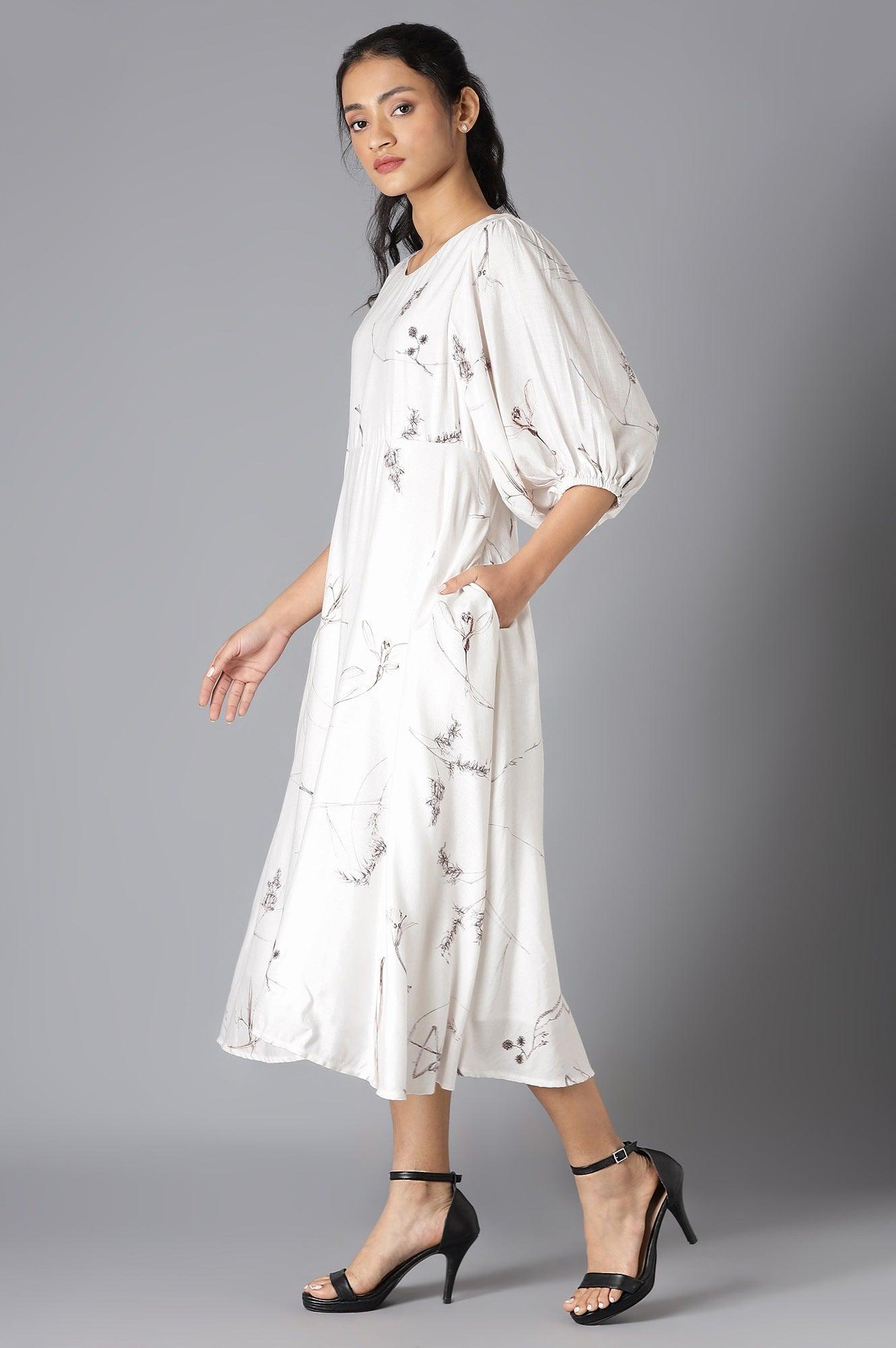 Beige Gathered Sleeves Western Dress - wforwoman