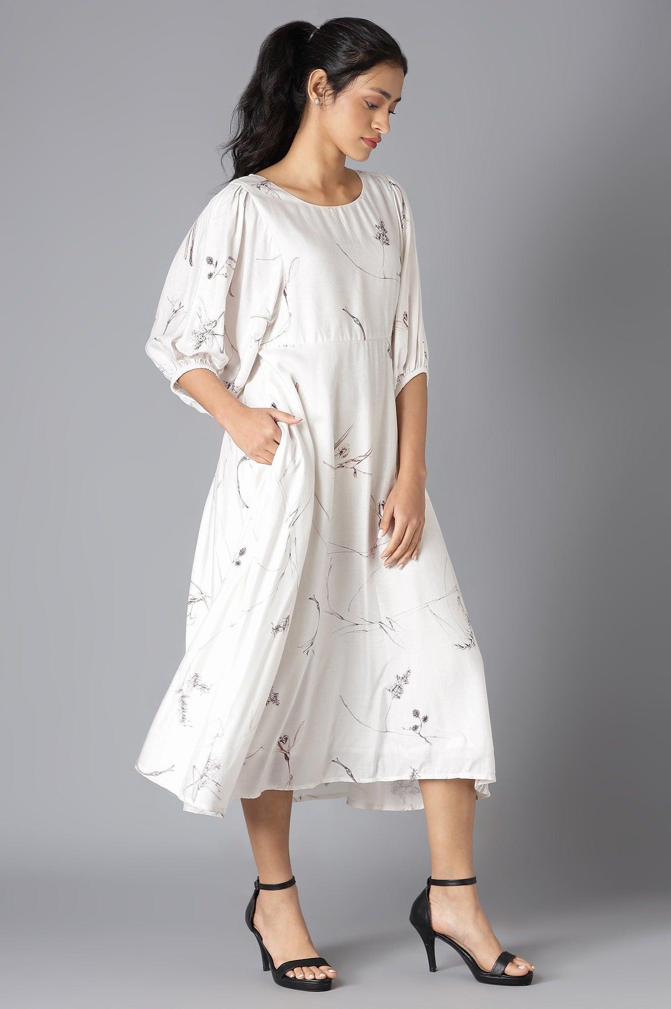 Beige Gathered Sleeves Western Dress - wforwoman