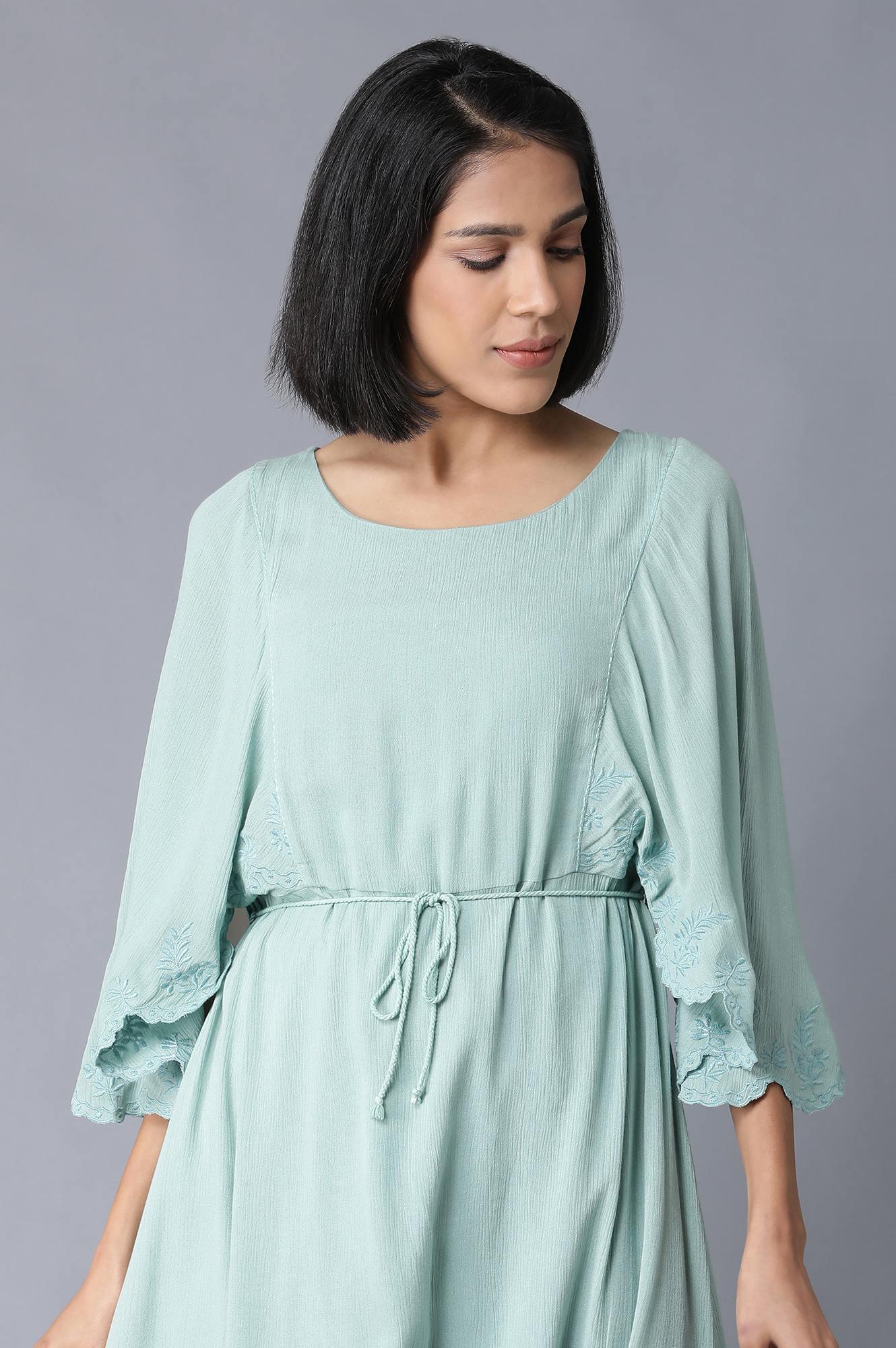 Teal Flutter Sleeve Dress With Waist Belt - wforwoman