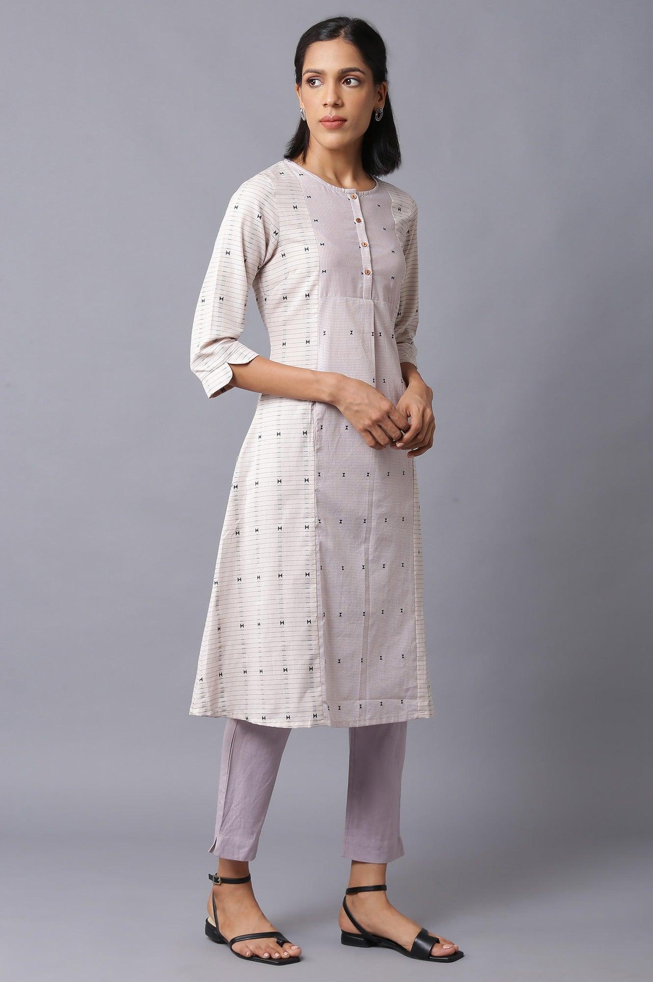 Ecru And Lilac Dobby kurta - wforwoman
