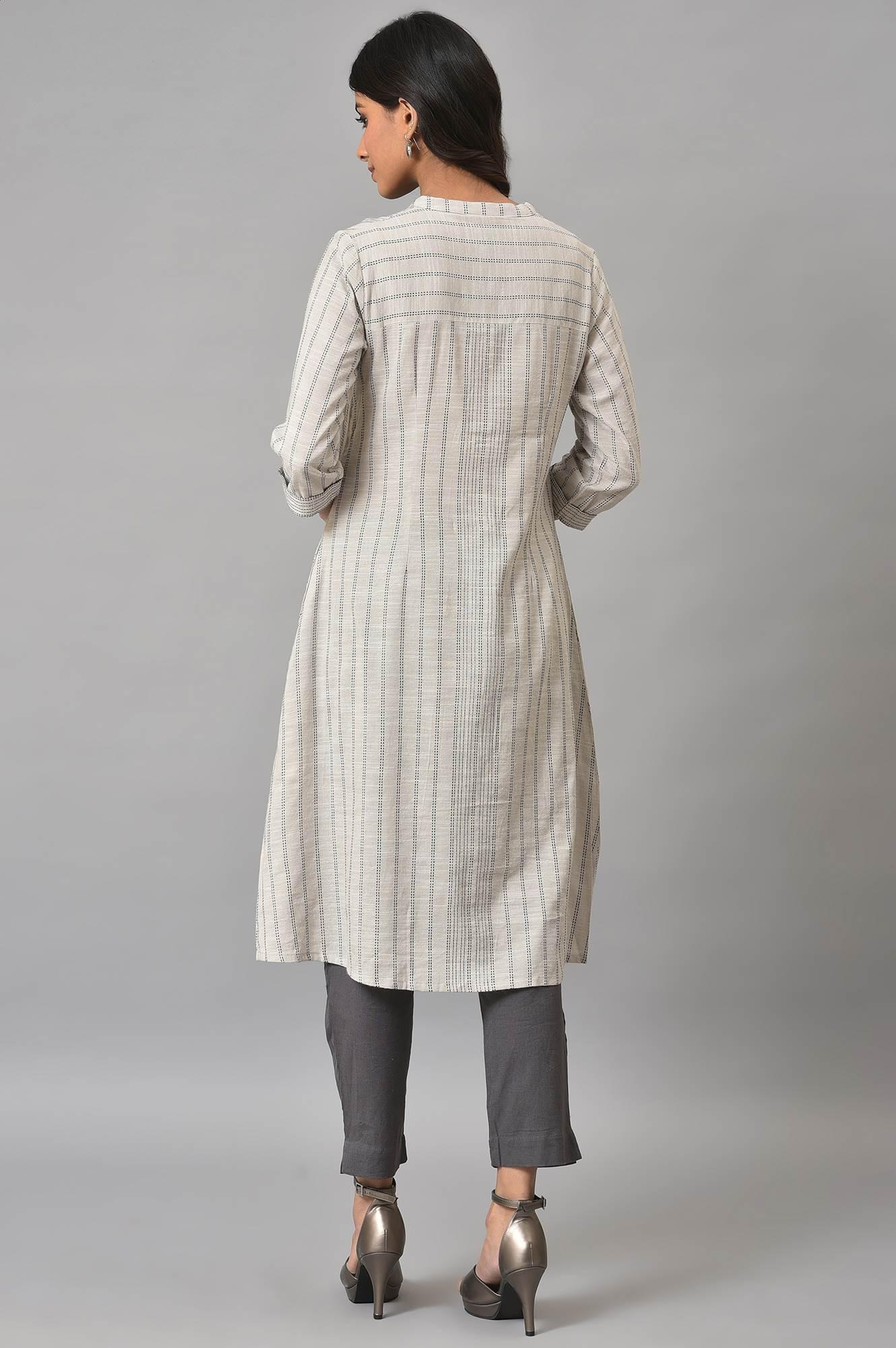 Ecru Button Down Printed kurta - wforwoman