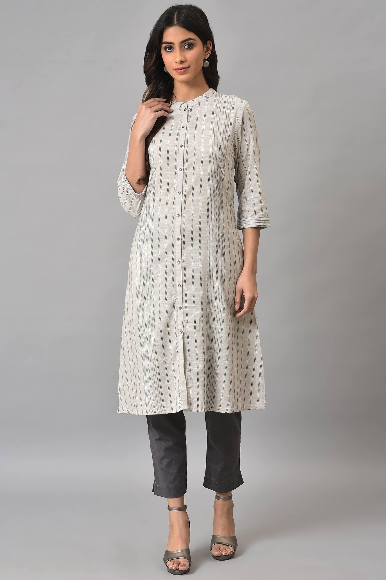 Ecru Button Down Printed kurta - wforwoman