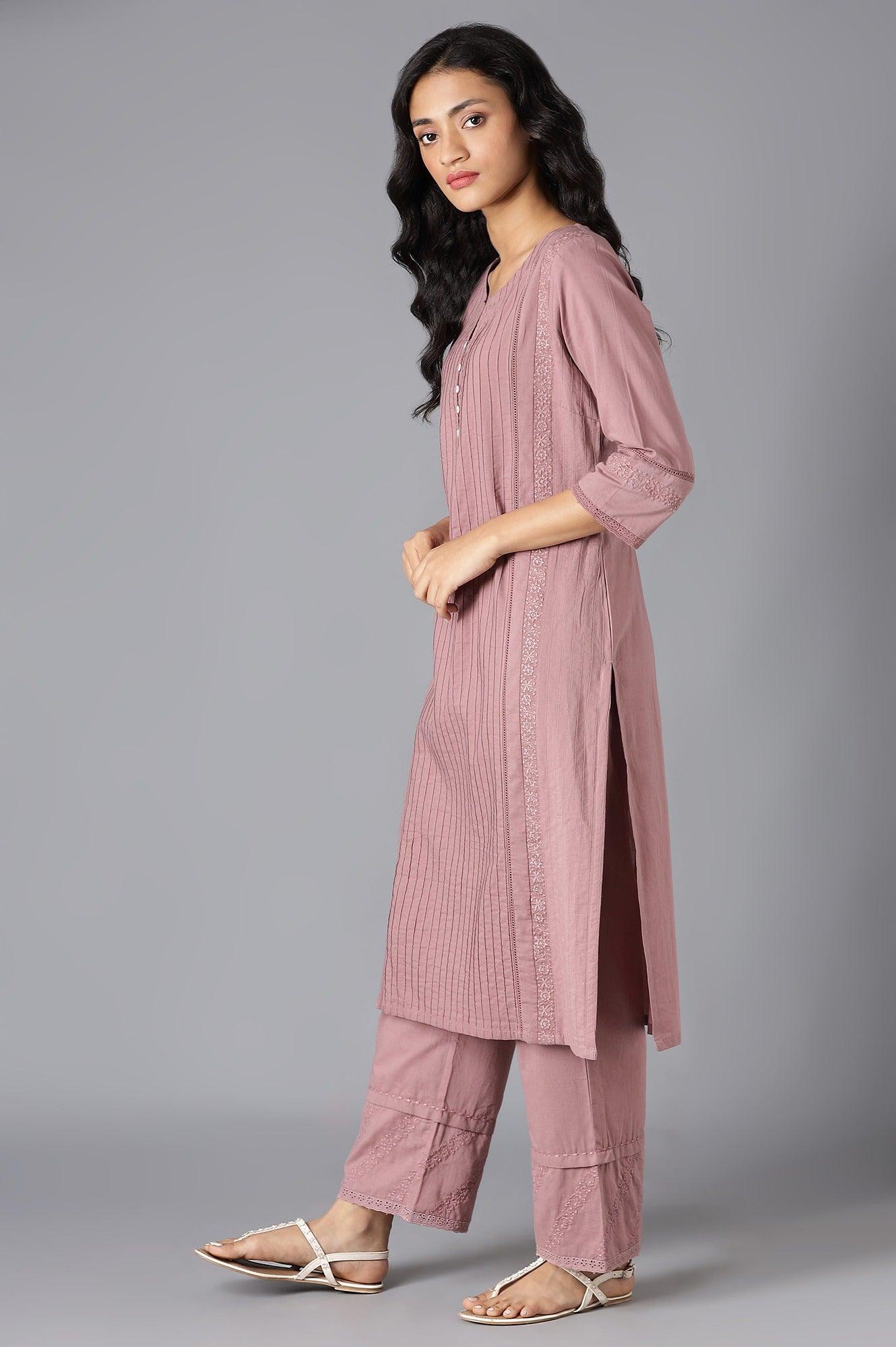 Light Pink Pintuck Cotton kurta - wforwoman