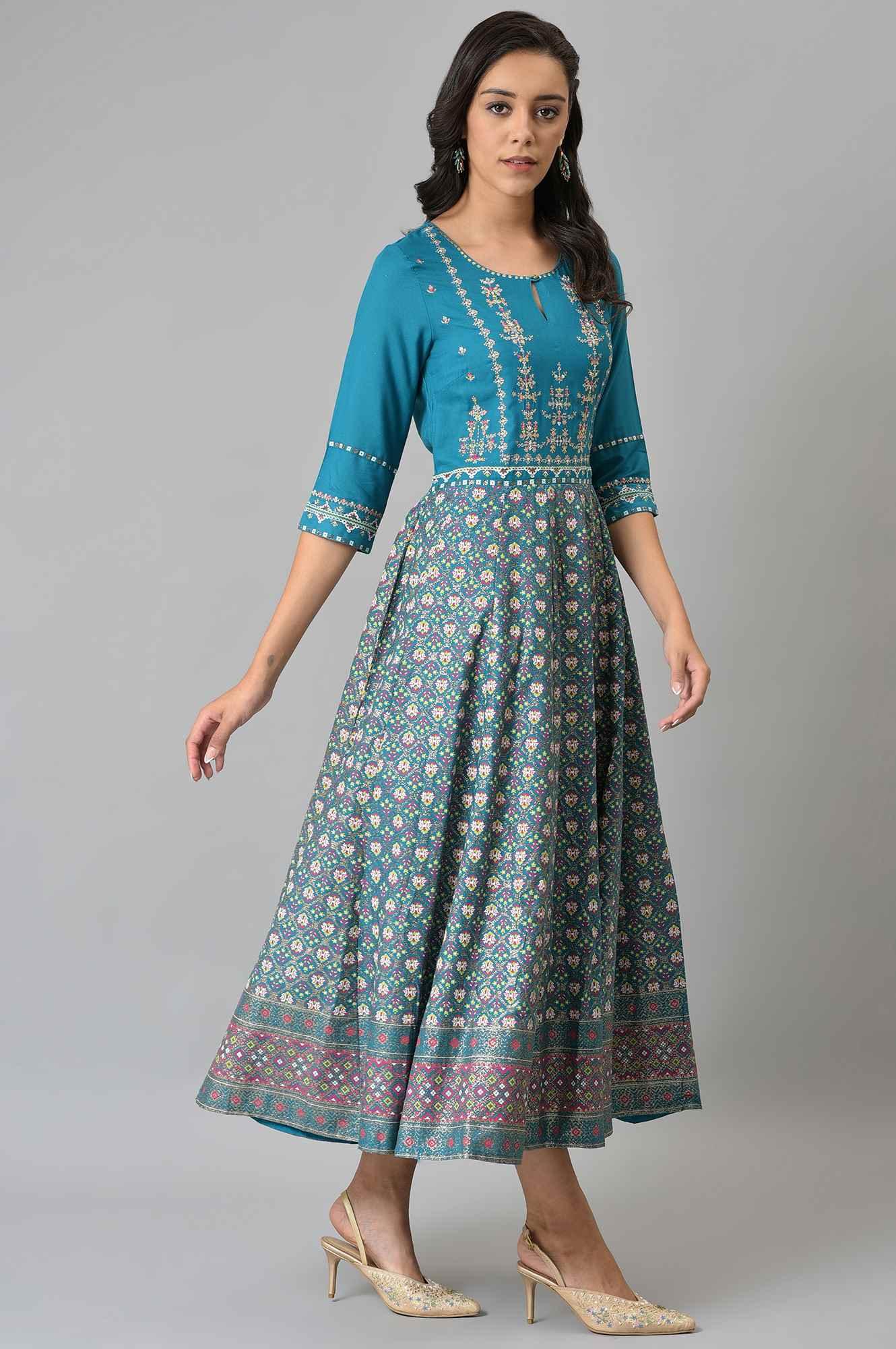 Teal Glitter Printed Dress With Embroidery - wforwoman