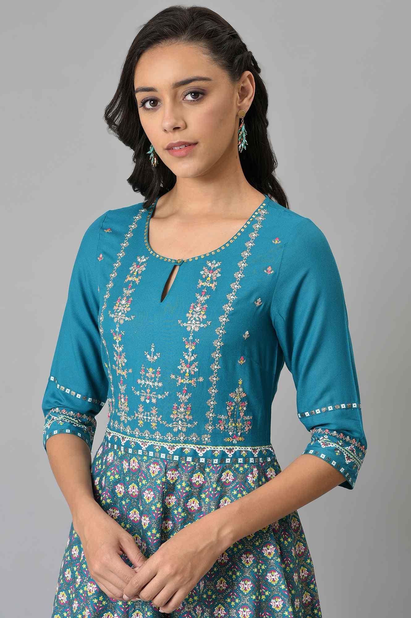 Teal Glitter Printed Dress With Embroidery - wforwoman