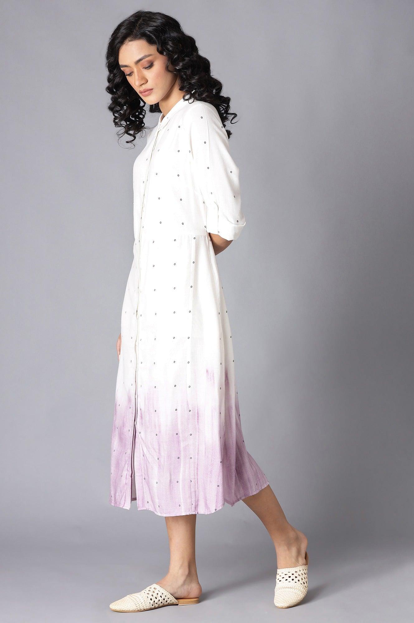 Ecru And Lavender A-Line Long Shirt Dress - wforwoman